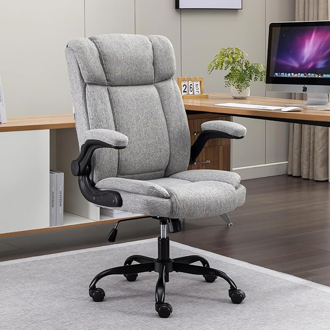 Office Chair High Back Ergonomic Executive Computer Desk Chair Comfortable Fabric Padded Home Office Desk Chairs with Flip-up Arm Rest Adjustable Height Swivel Wheels (Grey)