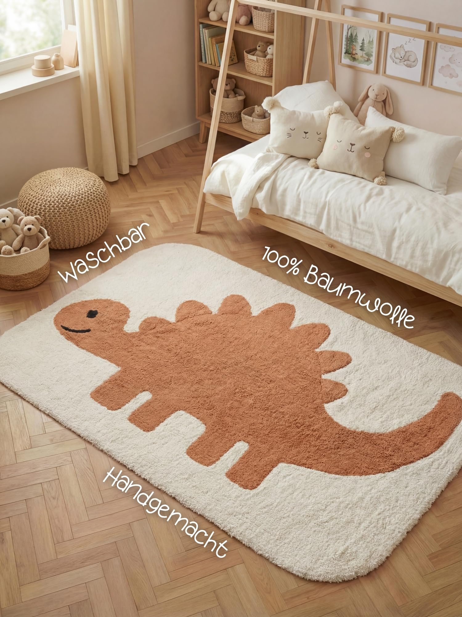 Hanse Home Kinderteppich Doro - Pflegeleichter Teppich Junge Mädchen, rutschfest & Waschbarer Formteppich Dinosaurier, Kinderzimmer Weicher Spielteppich, Spielunterlage - Creme Orange, 140x200cm