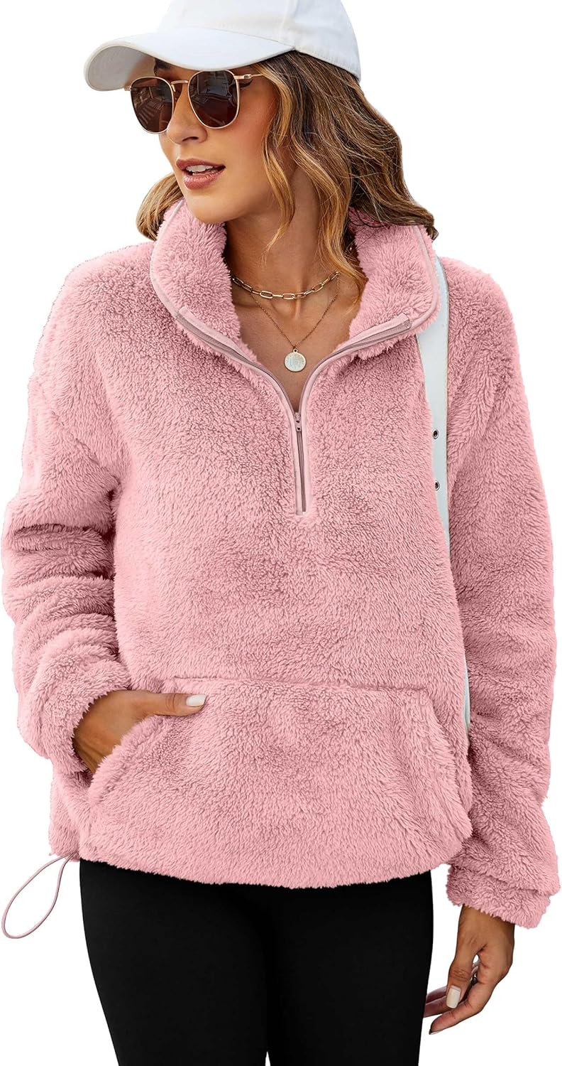 Neineiwu Womens Half Zip Fleece Pullover Fuzzy Oversized Sweatshirts Sherpa Polar Long Sleeve Hoodies With Pockets - Image 3