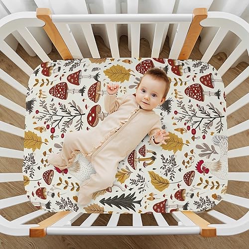 Miniatura 7 de Kigai Fitted Crib Sheet for Boys Girls,Mushroom Rooster Jersey Knit Baby Sheet for Standard Crib and Toddler Bed Mattresses, Cozy Soft Breathable,