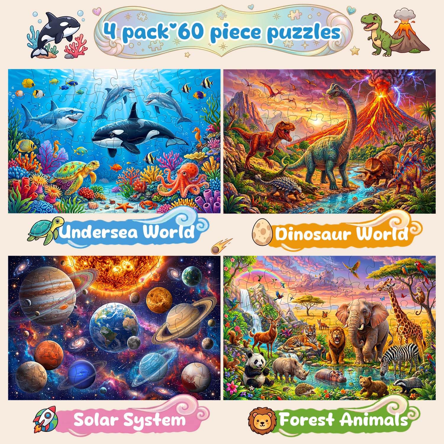 Kids Jigsaw Puzzles - Dinosaur, Safari, Ocean & Space -2 Kids Jigsaw Puzzles - Dinosaur, Safari, Ocean & Space -2
