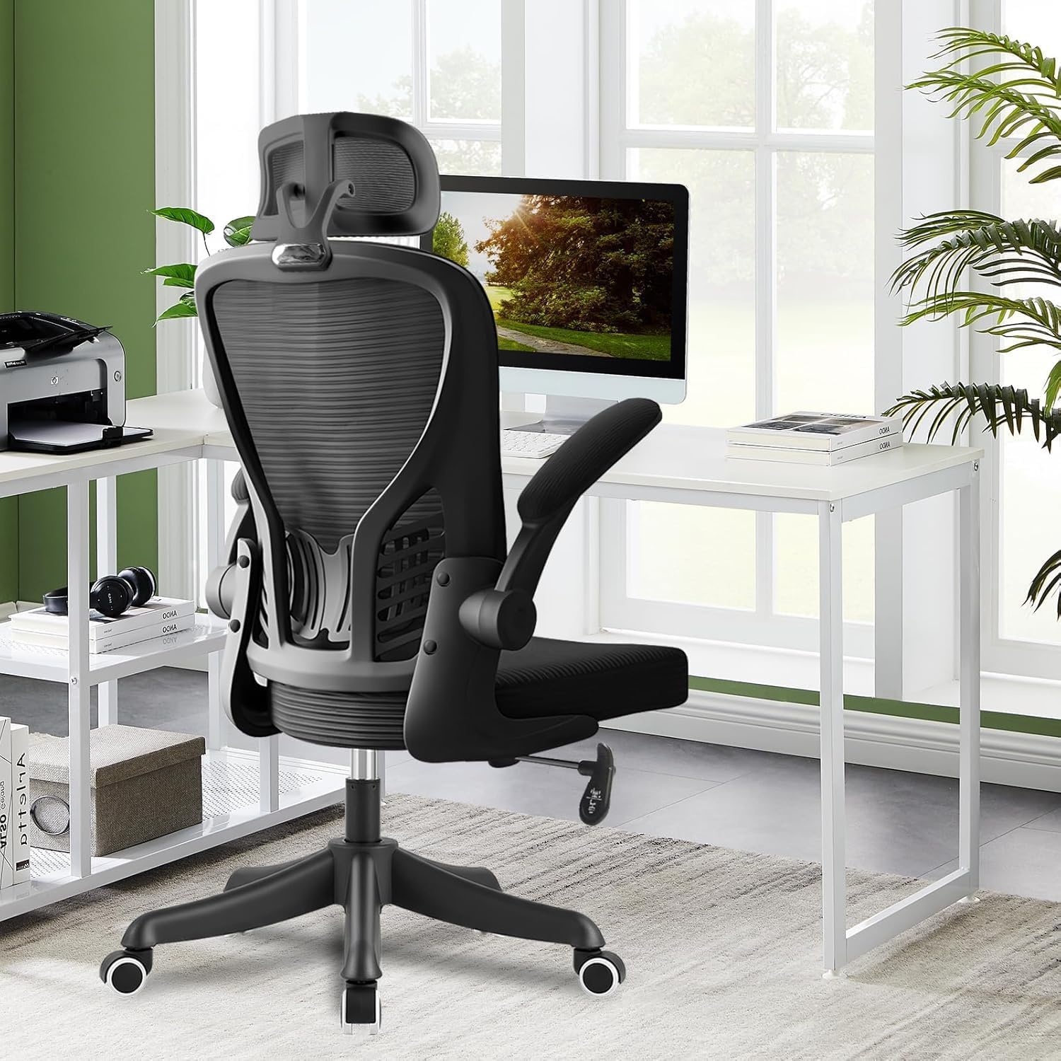 Chaise de Bureau Ergonomique avec appuie-tête et accoudoirs réglables, Support Lombaire, Dossier Respirant, Hauteur relevable et roulettes pour Bureau, Chambre ou étude