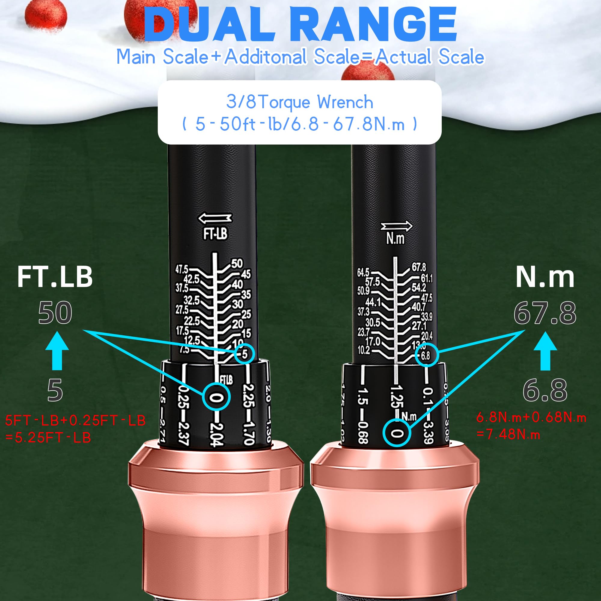 Llave dinamométrica de accionamiento de 3/8 pulgadas, ± 3% de precisión, escala de rango dual de 5-50 pies/lb/6.8-67 Nm, llaves dinamométricas de doble dirección de 72 dientes para reparación