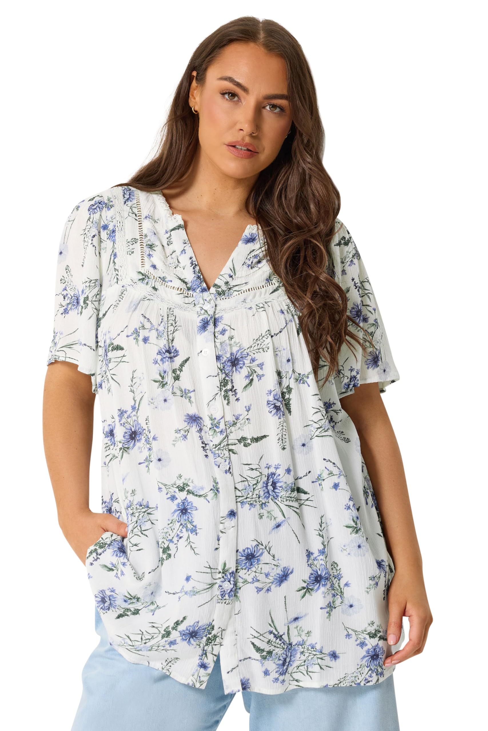 Yours Curve Floral Notch Neck Blouse - Women's - Plus Size Curve White