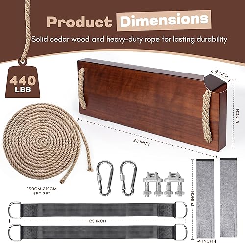 Miniatura 4 de Asiento colgante de madera para exteriores, columpio de madera de cedro de 22 x 8 x 2 pulgadas para adultos y niños, capacidad de 440 libras, cuerda