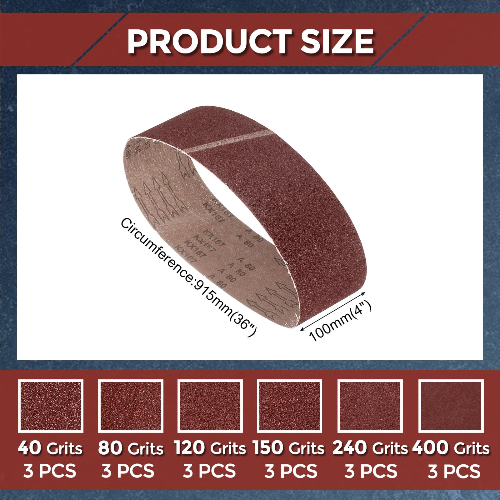 Kozelo 18Pcs Sanding Belts 100mm x 915mm 40/80/120/150/240/400 Grit Aluminum Oxide Abrasive Sandpaper for Belt Sander Metal Grinding Wood Working Weld Rust Removal - Image 2