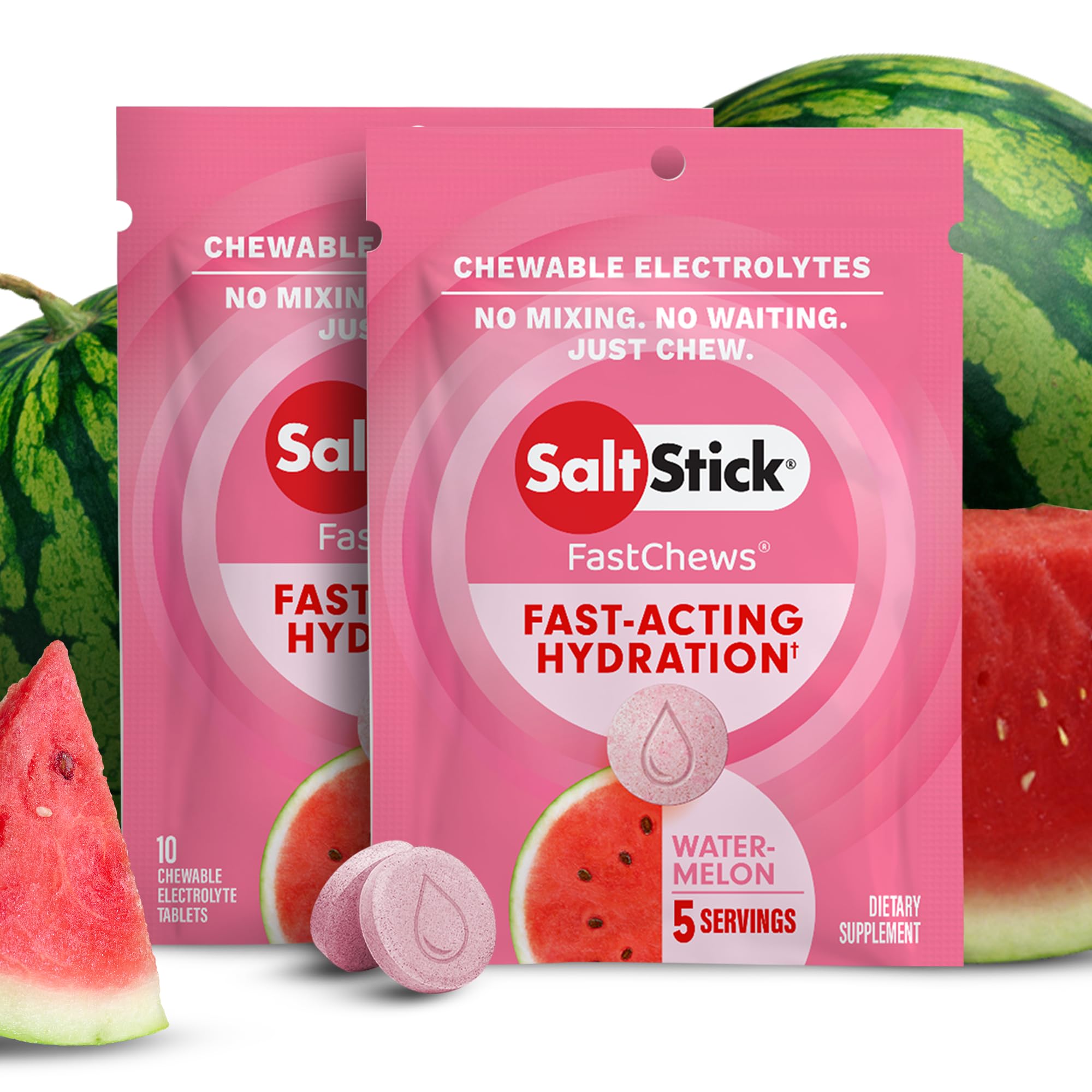 SaltStick Fastchews, Electrolyte Replacement Tablets for Rehydration, Exercise Recovery, Youth & Adult Athletes, Hiking & Sports Recovery, 2 x Packets of 10 Tablets (Watermelon)