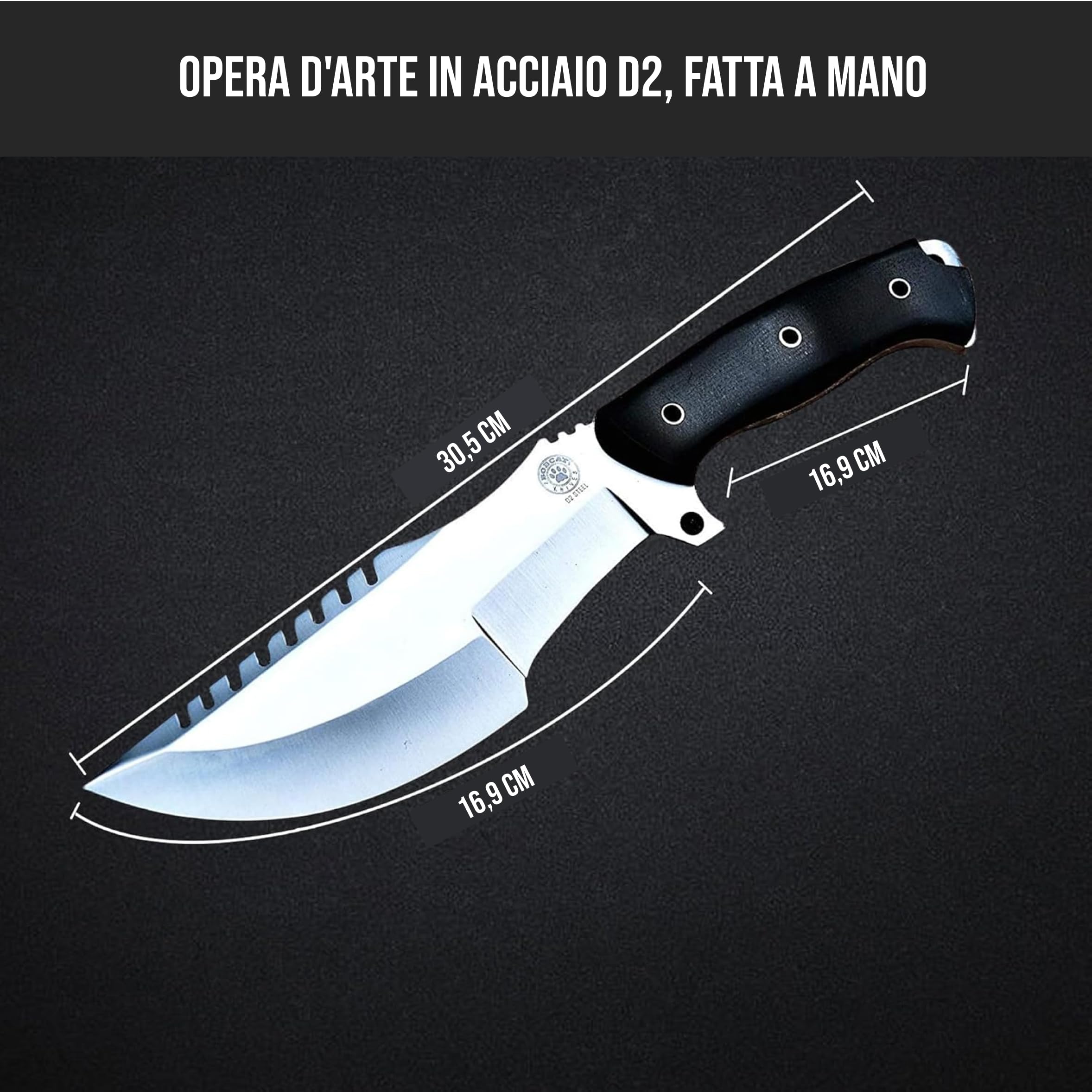 BIGCAT ROAR Black Jaguar Tracker D2 - Coltello Tracker Artigianale in Acciaio D2 30 5 cm - Manico in Micarta e Fodero in Cuoio - Bushcraft Campeggio Sopravvivenza - Regalo Uomo Cacciatore
