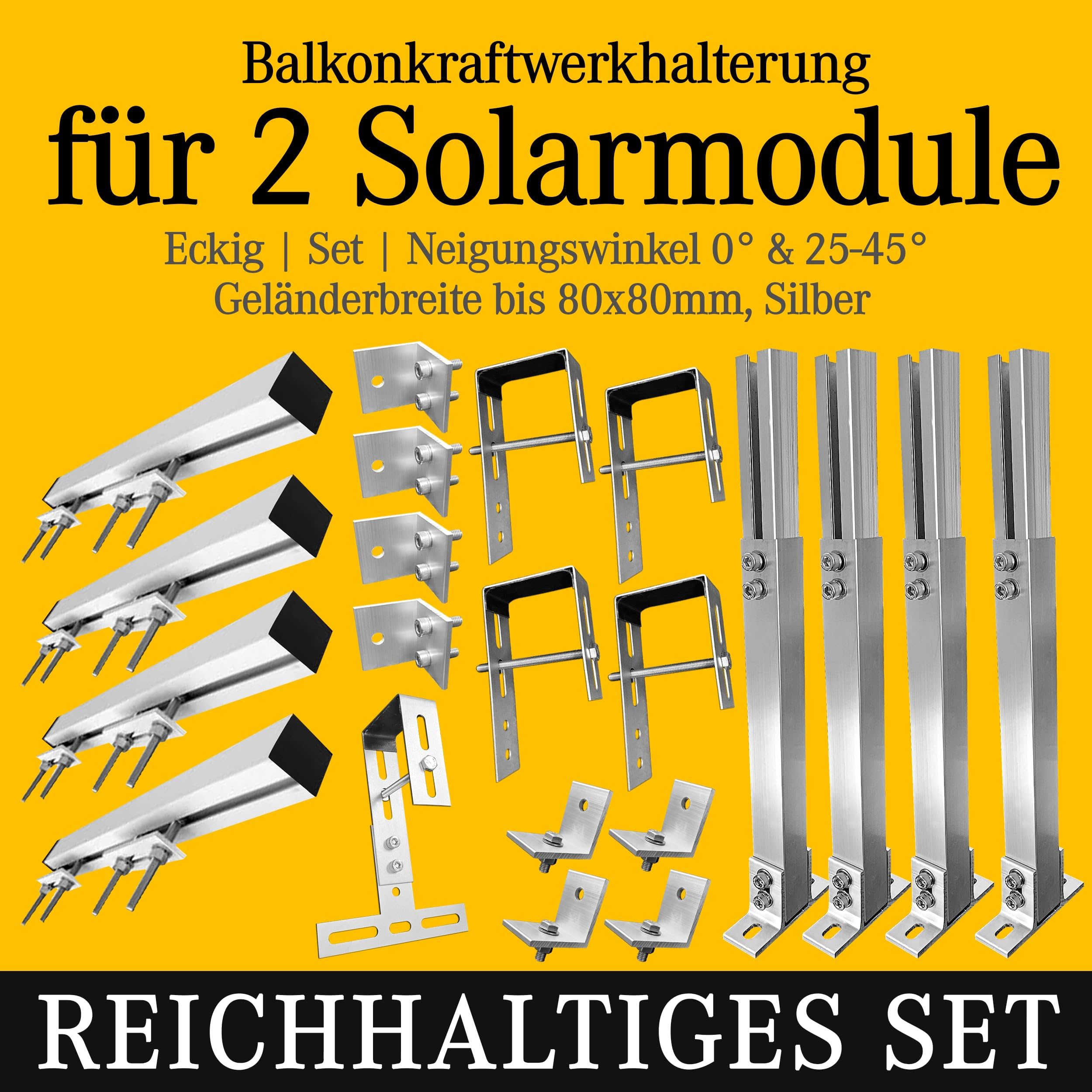 Balkonkraftwerk Halterung Geländer Befestigung für 2 Solarmodule und ein Wechselrichter Photovoltaik | ECKIG | Set | Neigungswinkel 0° & 25-45°| Durchmesser bis 80mm, Silber PV