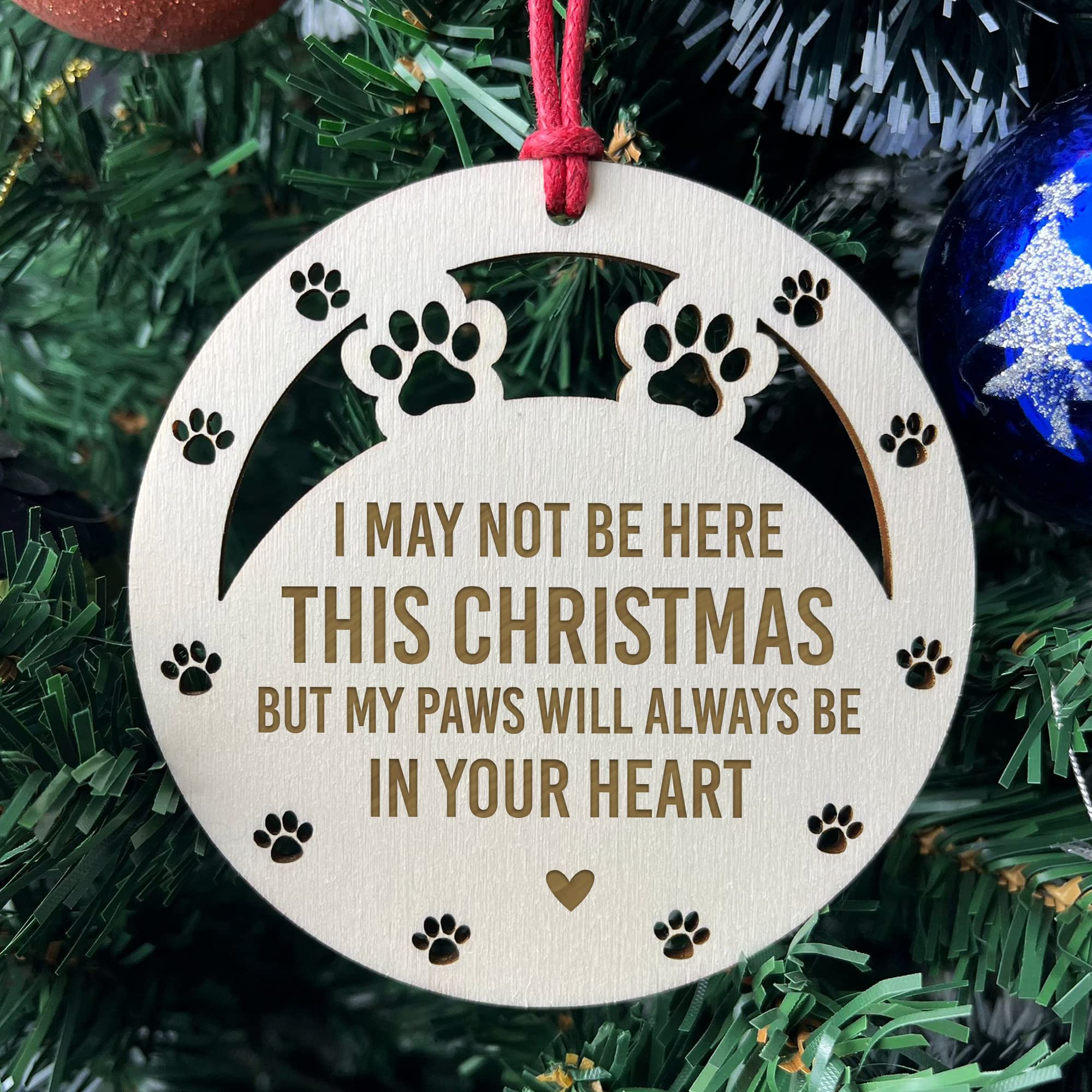 Red Ocean Brown Wooden Dog Cat Pet Memorial Christmas Tree Decoration Bauble Engraved Gift Keepsake