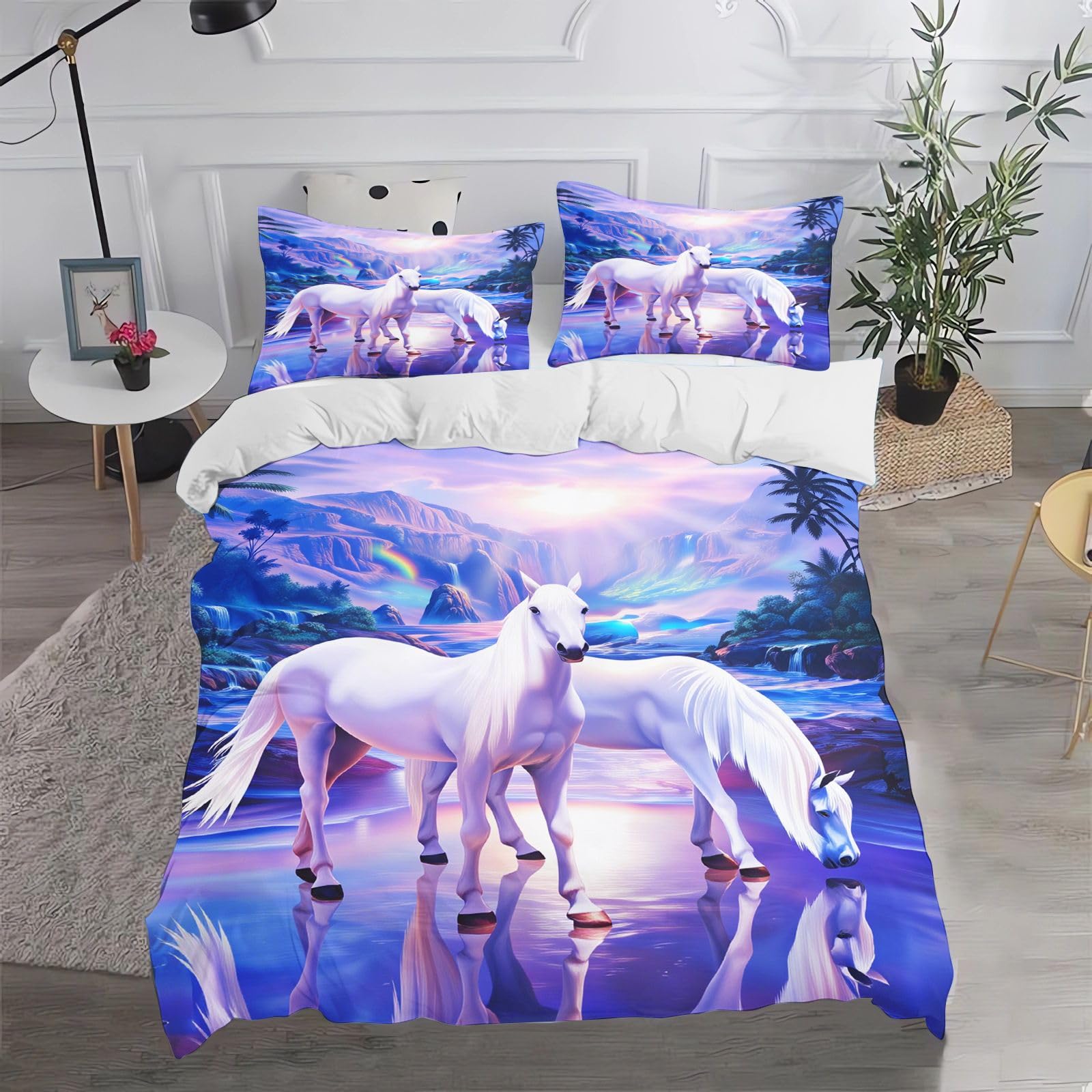 Fgolphd Fantasy White Horse Duvet Cover Set, Soft Microfiber King-230x220cm Bedding with Zipper, All Seasons Bedroom Decor