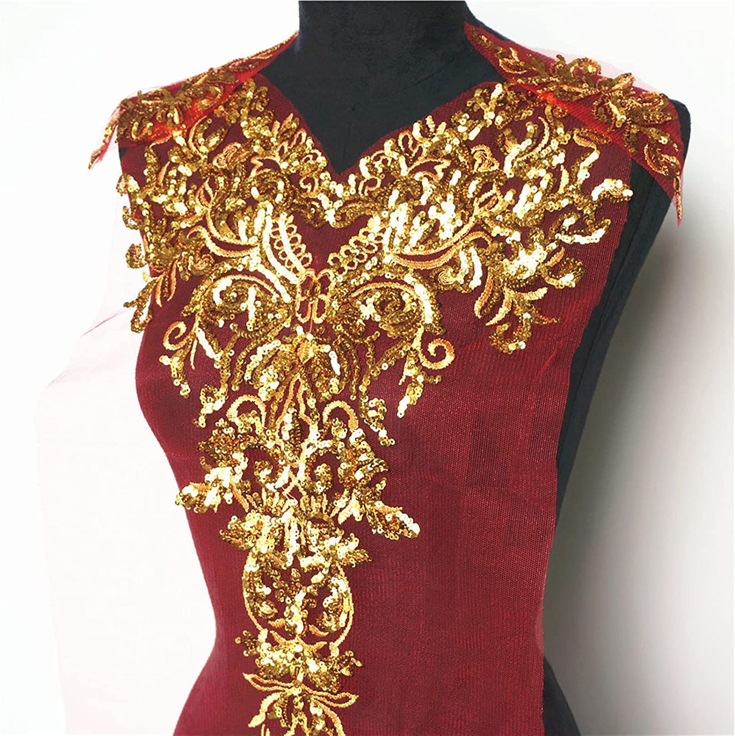Appliqué Decorativi per Abiti da Cerimonia, Toppa da Cucire su Tessuto di Pizzo Ricamato con Spalline in Rete(Red)