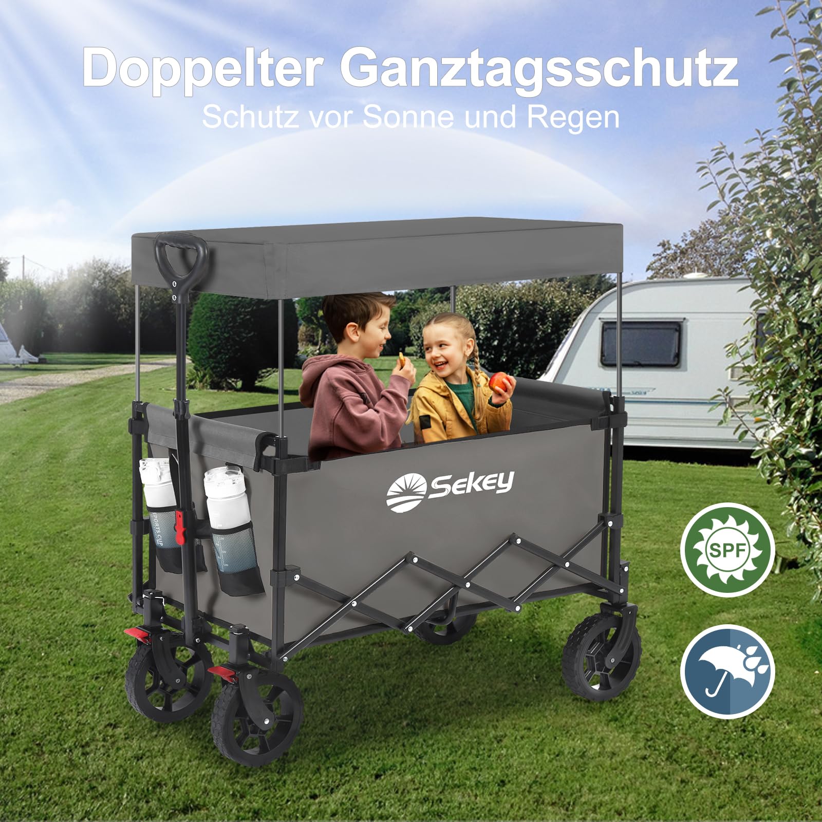 Sekey XXL Bollerwagen Faltbar Kinder 150L 150KG, Faltbarer Bollerwagen mit Dach Klappbarer Handwagen mit Sonnenschutz für Ausflug Strand Camping, S4018, Grau