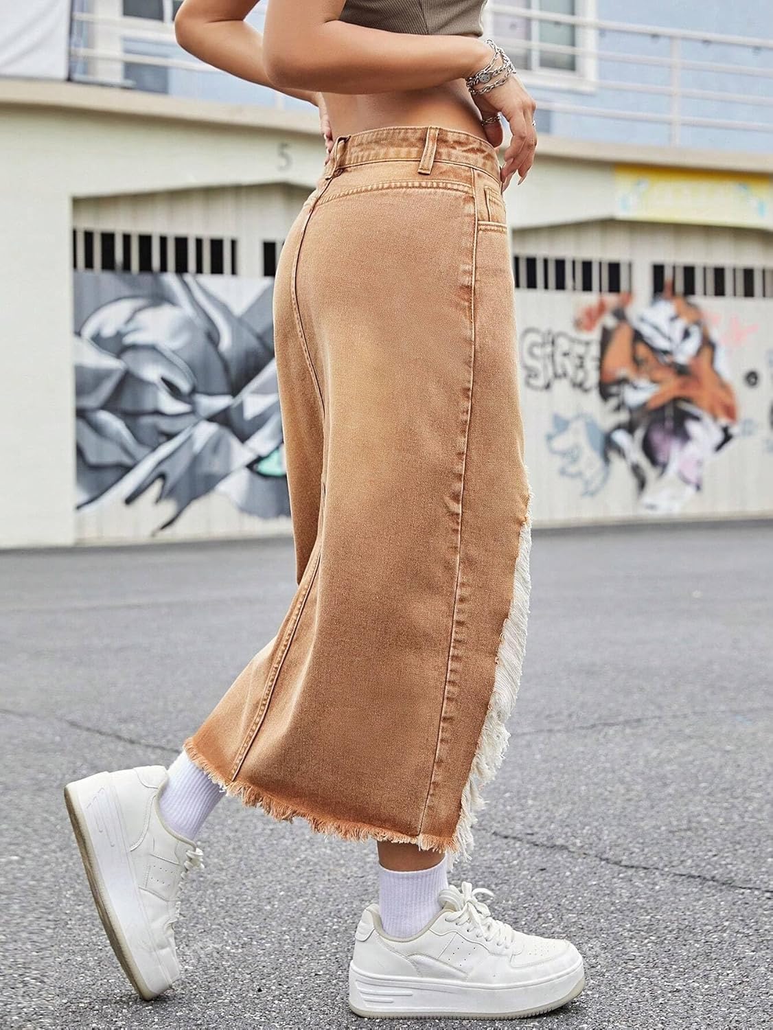 Womens Casual High Waisted Denim Midi Skirt Slit Frayed Raw Hem Cargo Jean Skirts with Pockets - Image 2