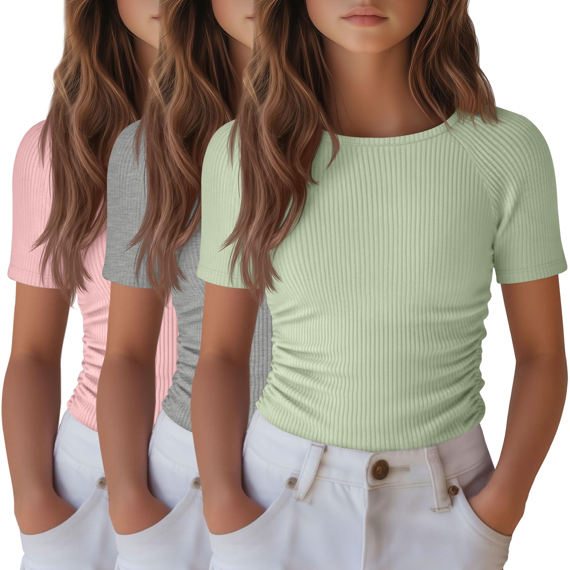 3 Pack Girls Short Sleeve Shirts Summer Slim Fit Crew Neck Tops Ribbed Knit Side Ruched Tees Basic