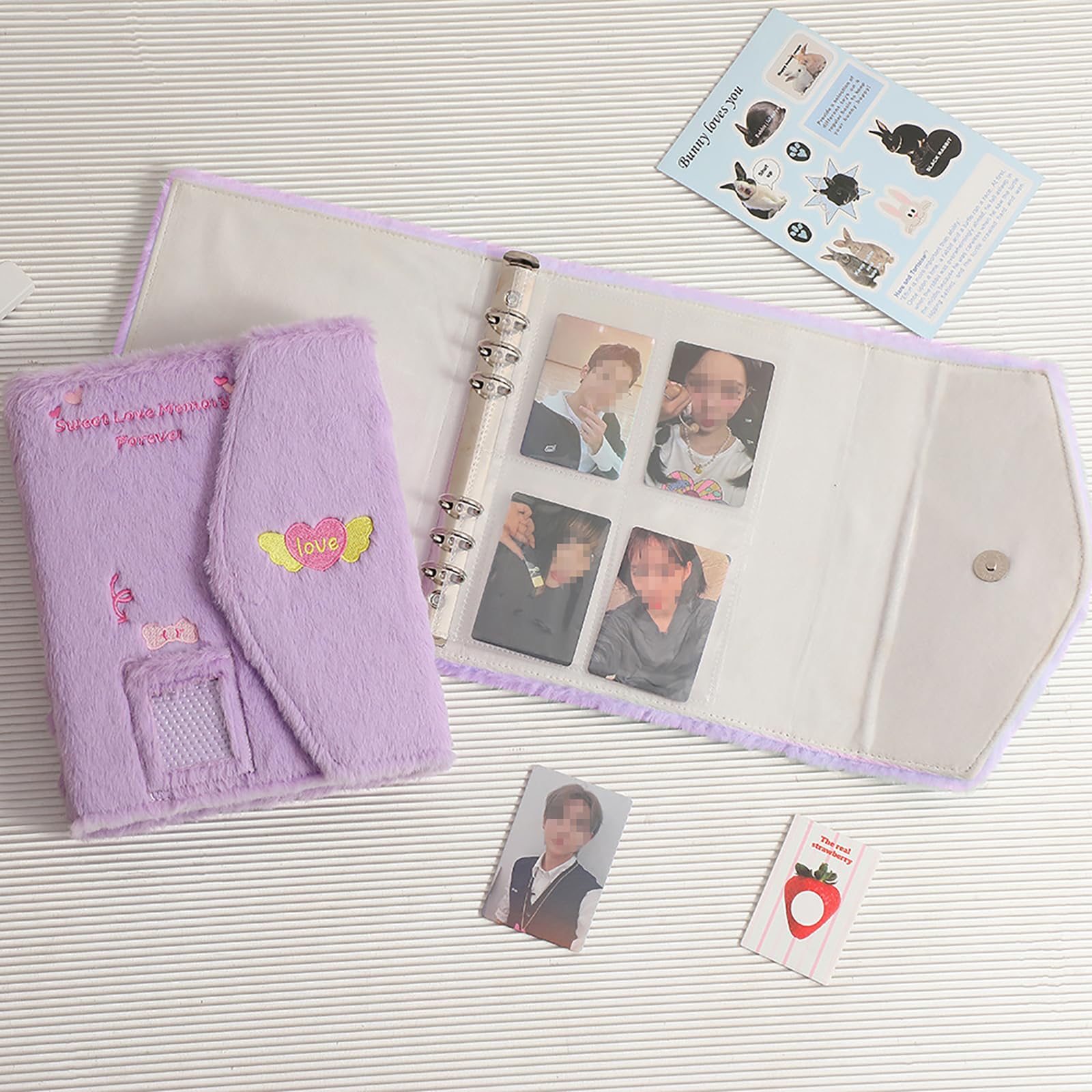 A5 segregator Kpop, pluszowy album na fotokartki, 20 szt., wewnętrzny, 7 cm, do wielokrotnego napełniania, 6 pierścieni, etui na fotokartkę, do przechowywania kart obrazkowych (fioletowy)