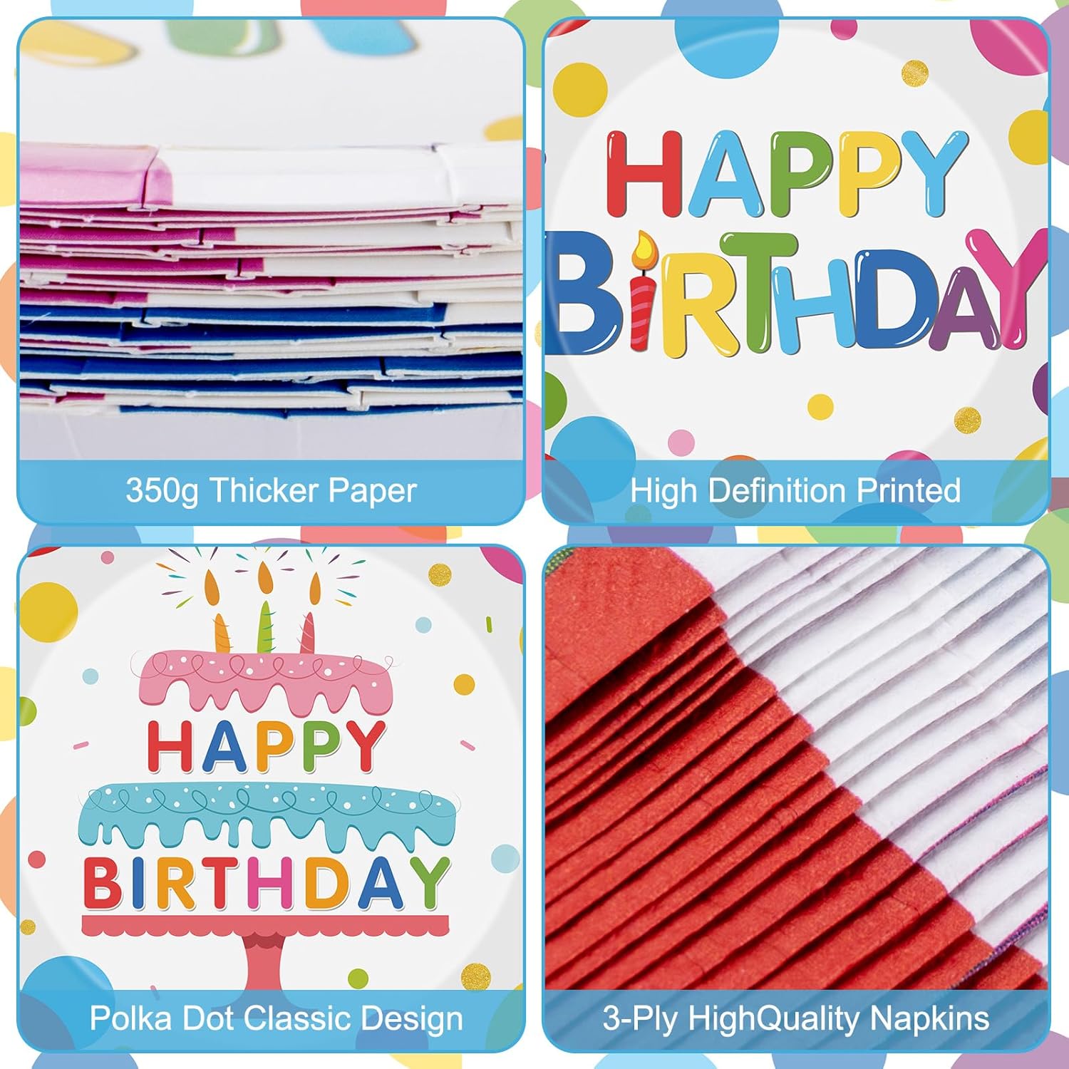 40 Pcs Happy Birthday Paper Plates and Napkins Sets - Polka Dots Bday Party Supplies Tableware, Disposable Colorful Dinner Plates Napkins Kit for Birthday Party Decorations Table Decor, Serves 20 - Image 4