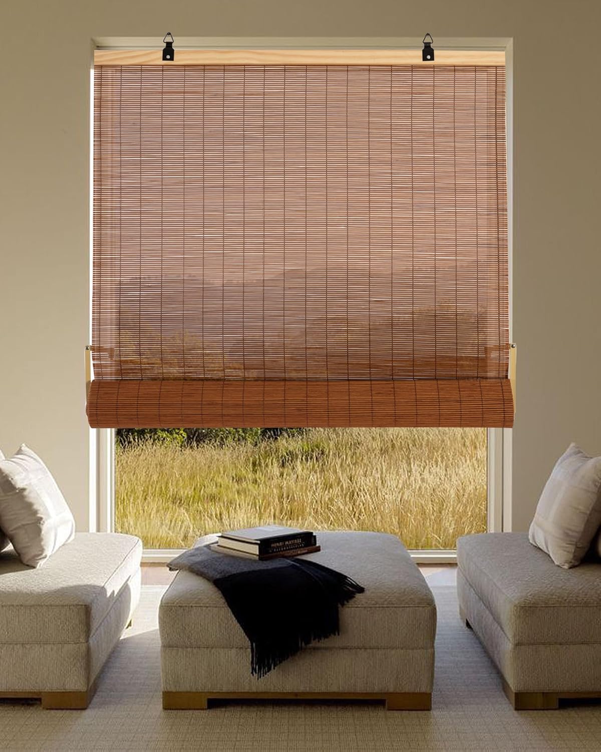 24''W X 72''H Cordless Bamboo Roman Shades, Light Filtering Roll Up Bamboo Matchstick Blinds for Interior Window Home Patio Porch, Yellow Brown