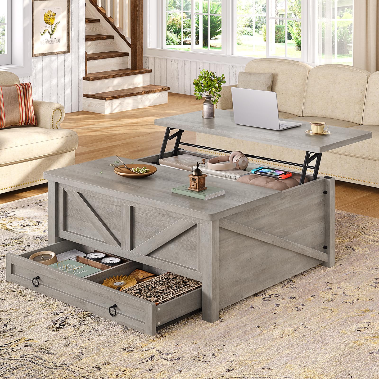 Itaar Wooden Coffee Table, Lift Top Coffee Table with Storage, Square Coffee Tables with Drawers and Hidden Compartment, Center Table for Living Room, Home Office, Grey