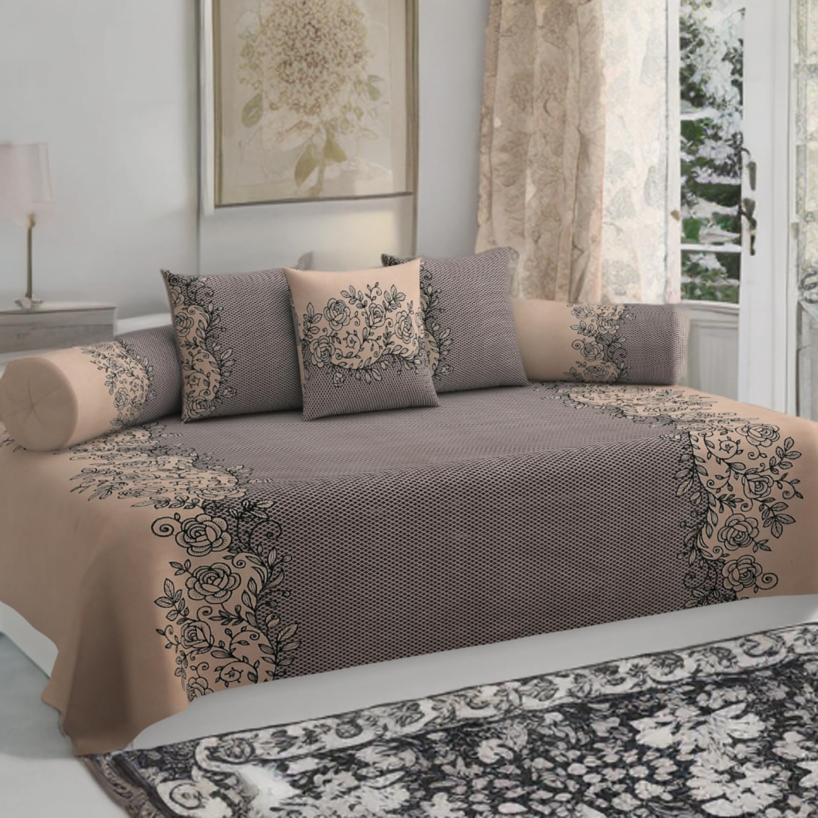 280 TC Cotton Blended Printed Diwan Cover Set with 2 Bolster Covers and 3 Cushion Covers (Pack of 6)| Glace Cotton Diwan Bedsheet Set Brown and Beige Color 3-picture-18