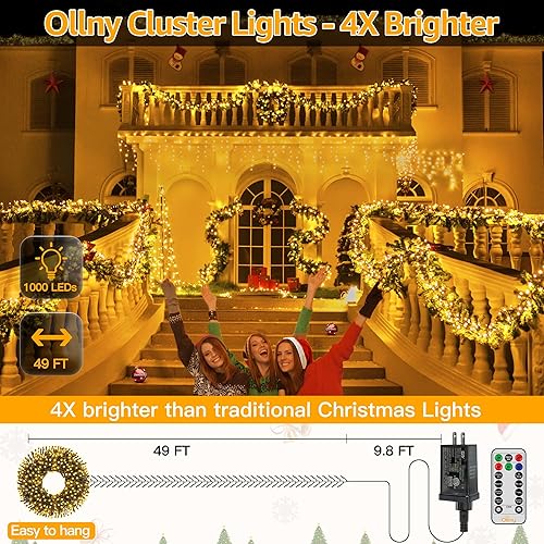 Miniatura 2 de Ollny Luces de Navidad en racimo de 1000 luces LED de 49 pies, luces blancas cálidas para árbol de 8 modos de temporizador, control remoto, cadena