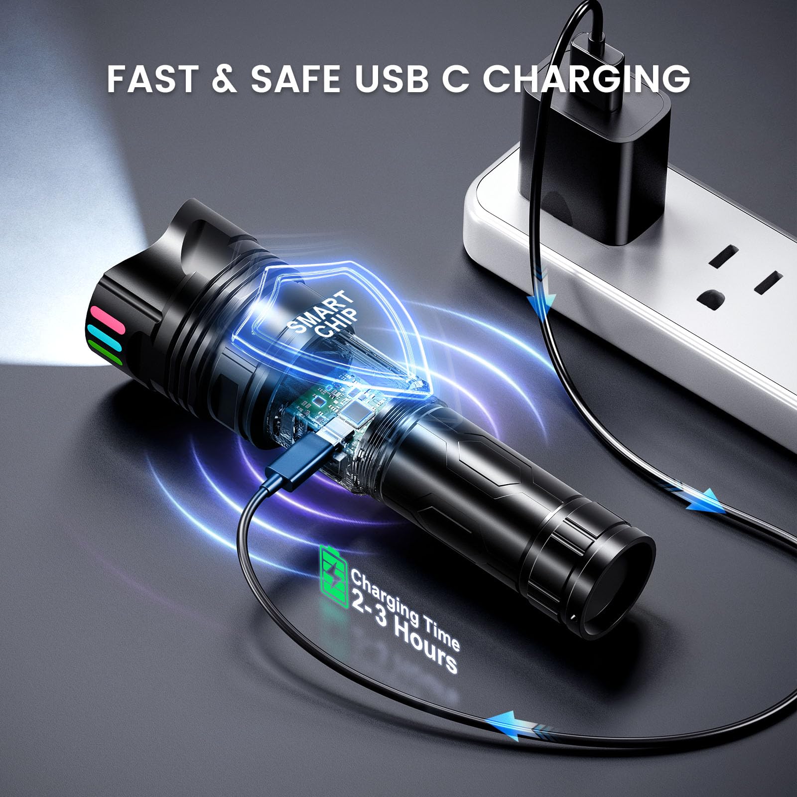 Esgofo Linterna súper brillante de 2000 lúmenes altos, recargable, potente larga distancia de 3200 pies, luz LED fuerte, función de descarga USB digital LCD de 10 horas de larga duración, enfoque y