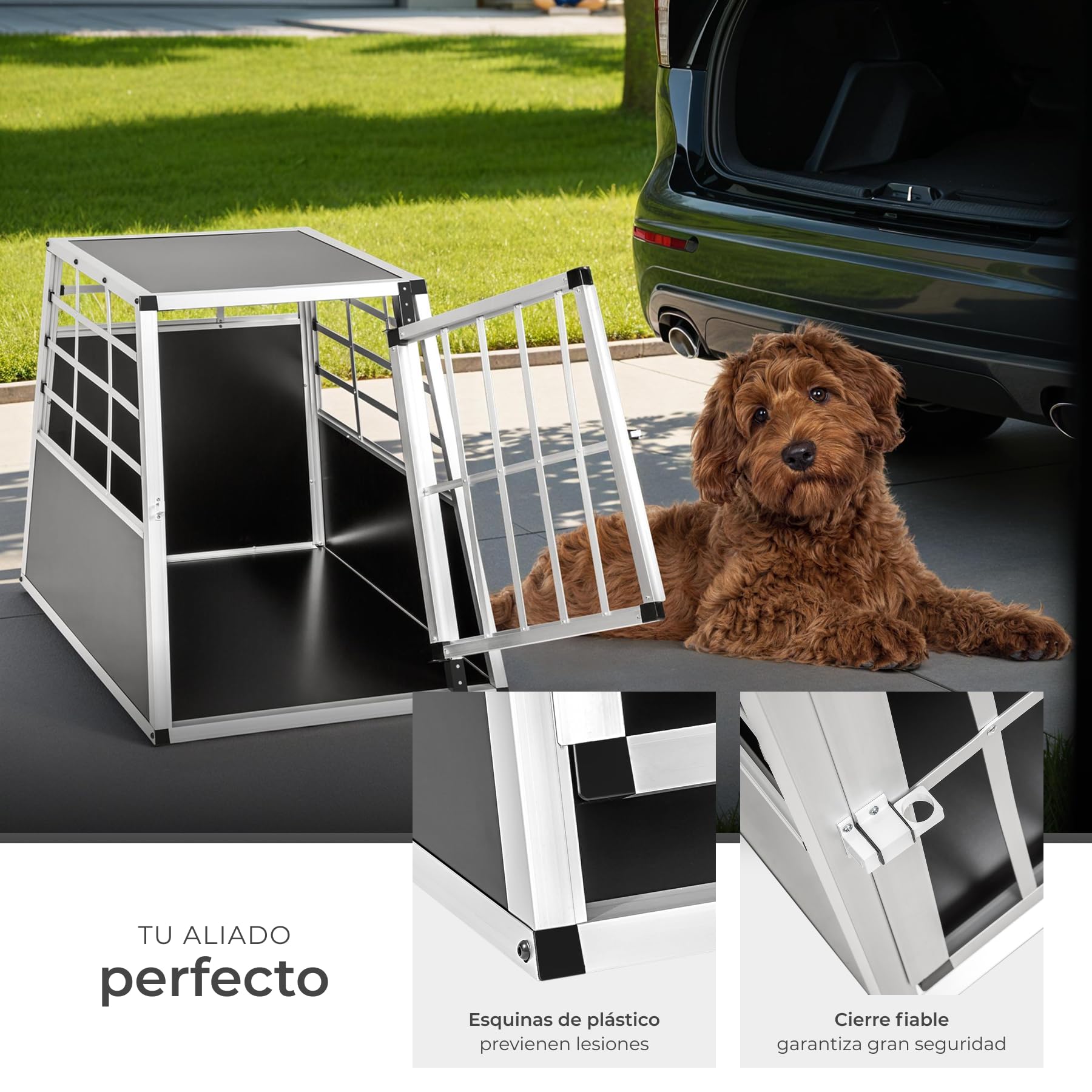 tectake® Transportin Perro Coche, Jaula para Perros con Puerta y Cerradura, Transportin Perro Grande Robusto, Fácil de Limpiar, Jaulas para Perros - 69 x 90 x 69,5 cm