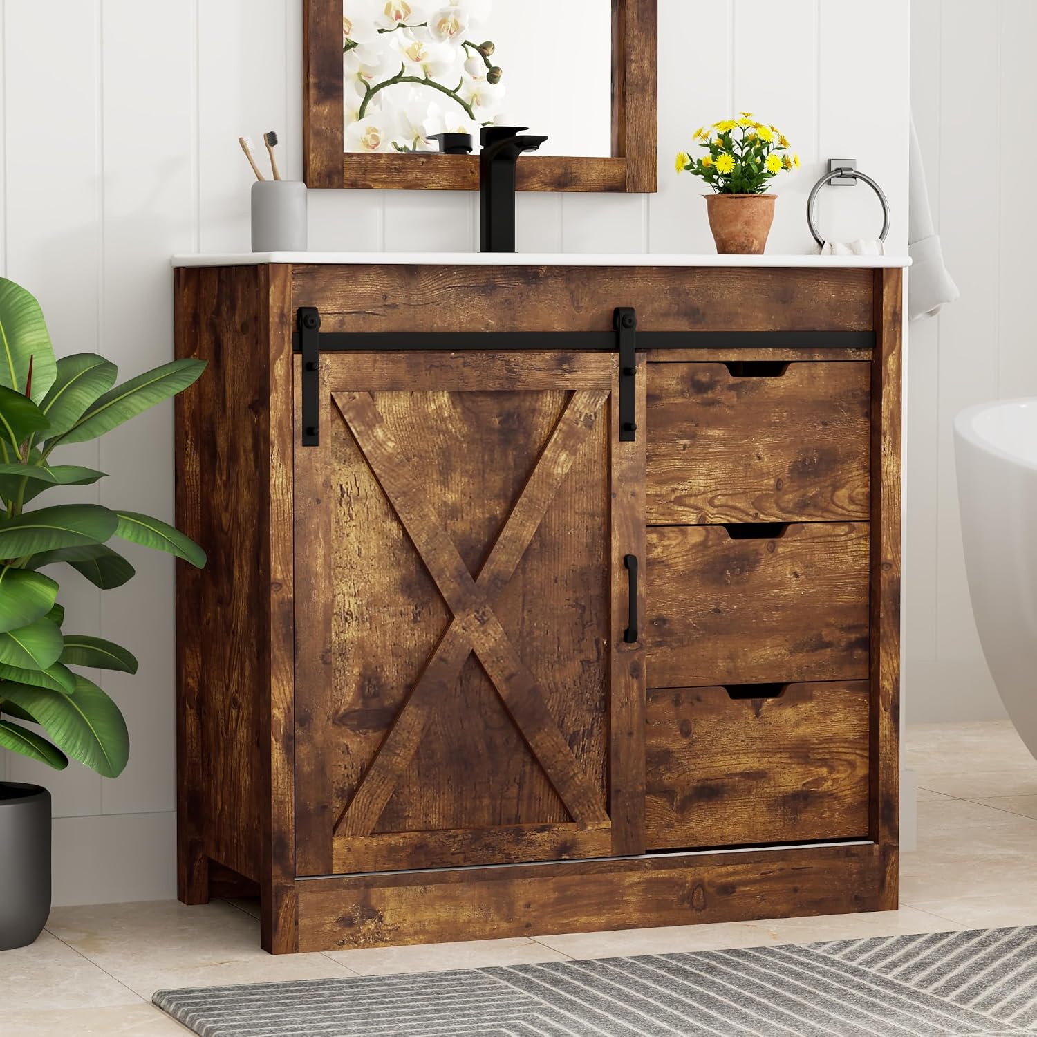 chartustriable 36 Inch Bathroom Vanity with Sink & Faucet & Mirror, Farmhouse Bathroom Vanity Cabinet Set with Sliding Barn Door & Drawers, Small Single Bath Storage Vanity Sink, Rustic Brown
