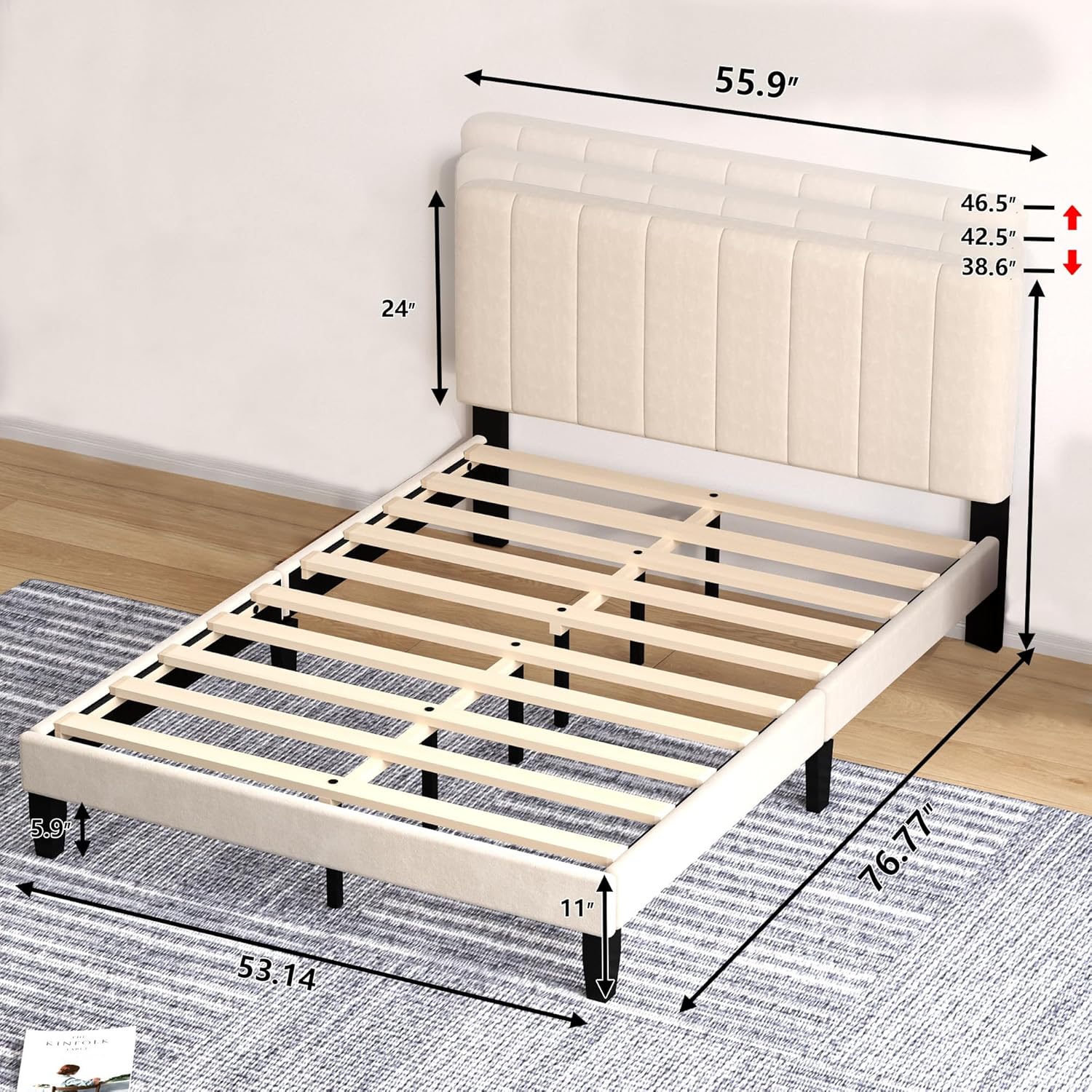 Queen Size Bed Frame with Velvet Upholstered Headboard, Platform Bed Frame with Adjustable Height Soft Headboard, 10 Pcs Sturdy Solid Wooden Slats Support, No Box Spring Needed, Noiseless, Beige