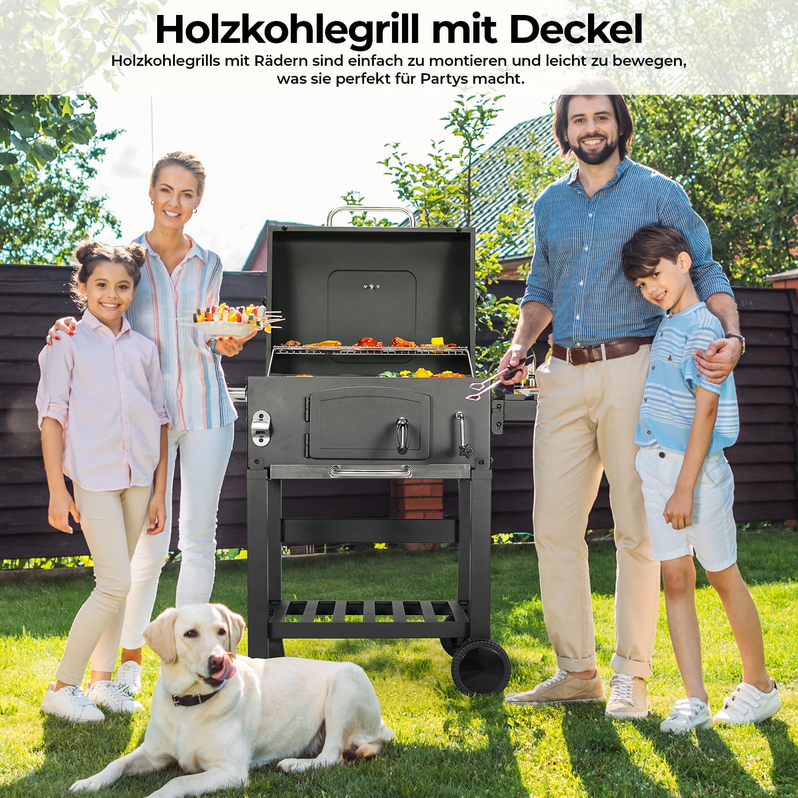 LIFERUN Parrilla Barbacoa Carbon con Tapa, XL BBQ Smoker, Parrilla con Carrito, con 2PCS Ruedas, Termómetro, Grande BBQ Carbon para Camping y Jardín, 102x104x54,5 cm