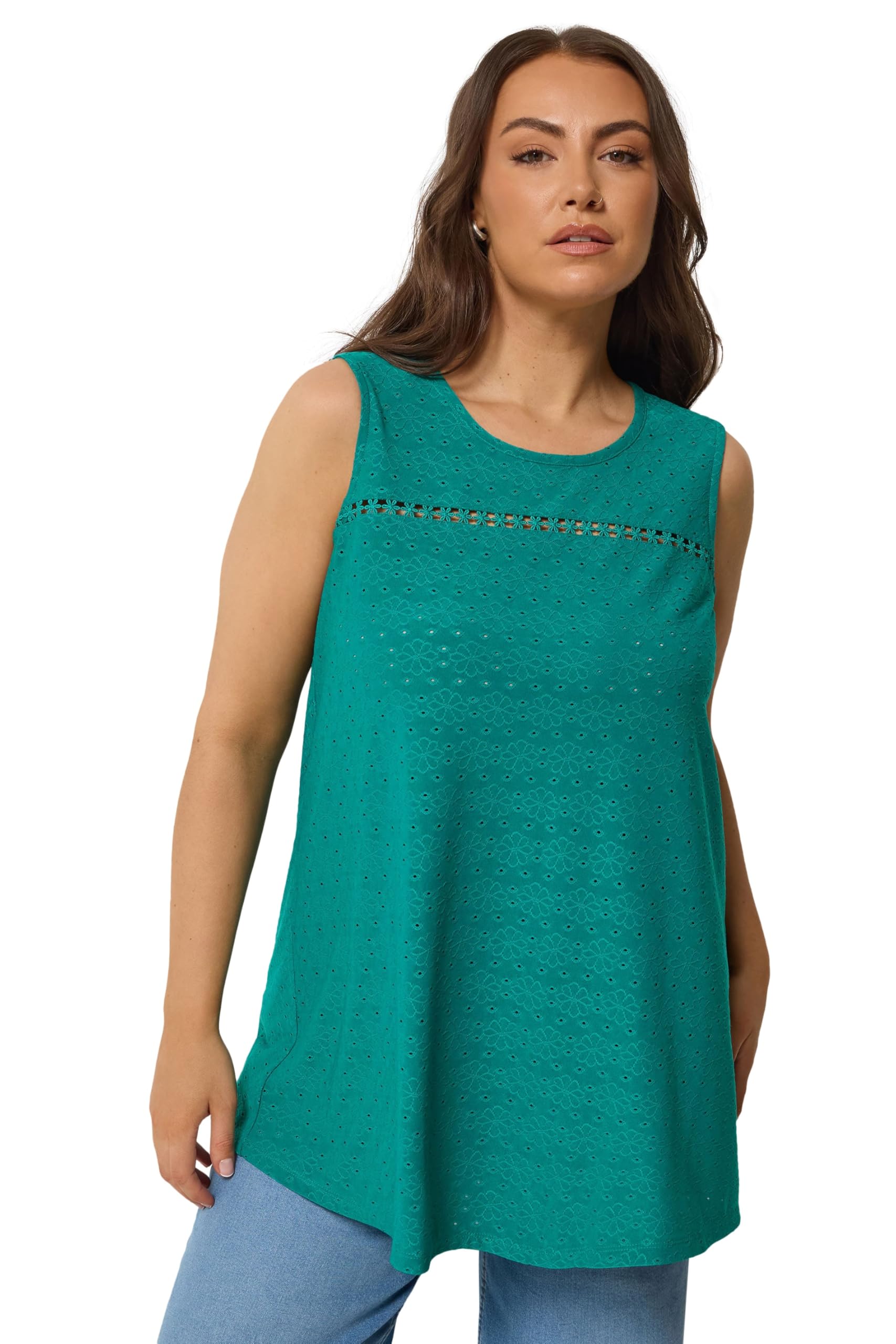 Yours Women's Turquoise Curve Green Broderie Anglaise Vest Top - Plus Size Curve