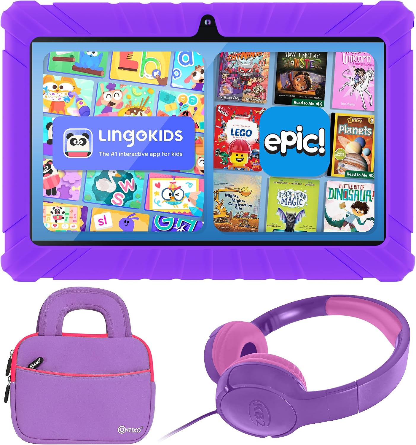 Contixo 7" Kids Tablet Bundle, Tablet with Headphones & Sleeve Bag - Purple