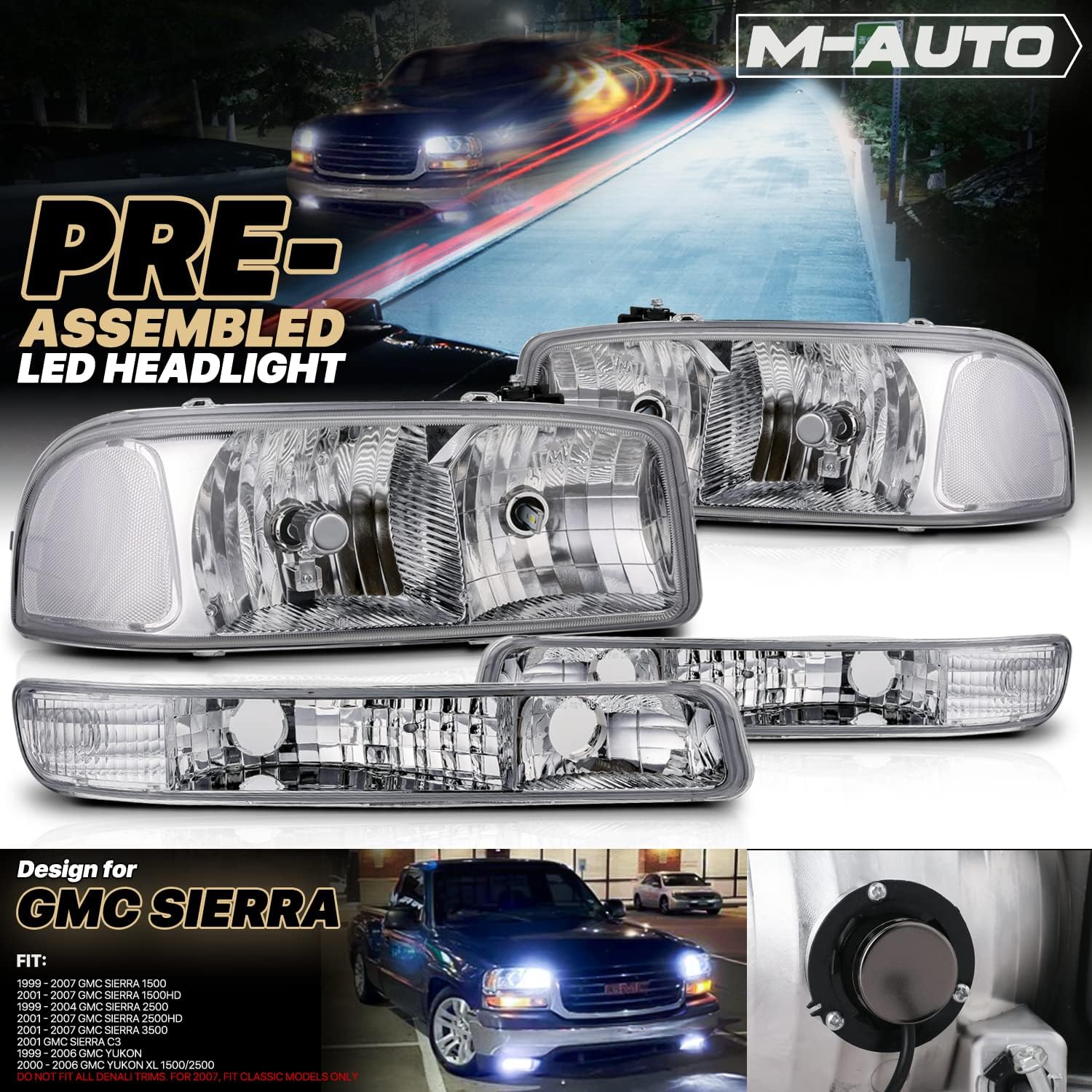 M-AUTO Left & Right Headlights Assembly w/ 4 Pre-assembled 6000K LED Bulbs Compatible with 99-07 GMC Sierra 1500/99-04 2500/01-07 1500 HD/2500 HD/3500 HD/99-06 Yukon/00-06 Yukon XL 1500/2500