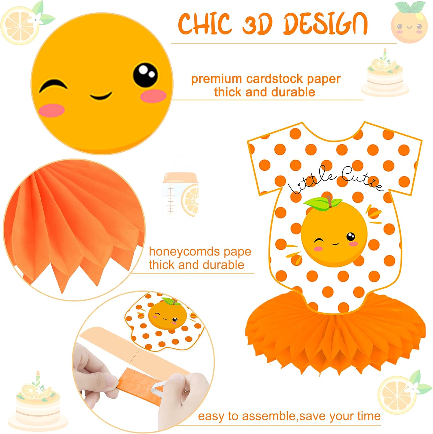 9pcs Little Cutie Baby Shower Decoration Little Cutie Table Honeycomb Centerpiece Orange Theme Table Decoration for Orange Fruit Birthday Party Supplies