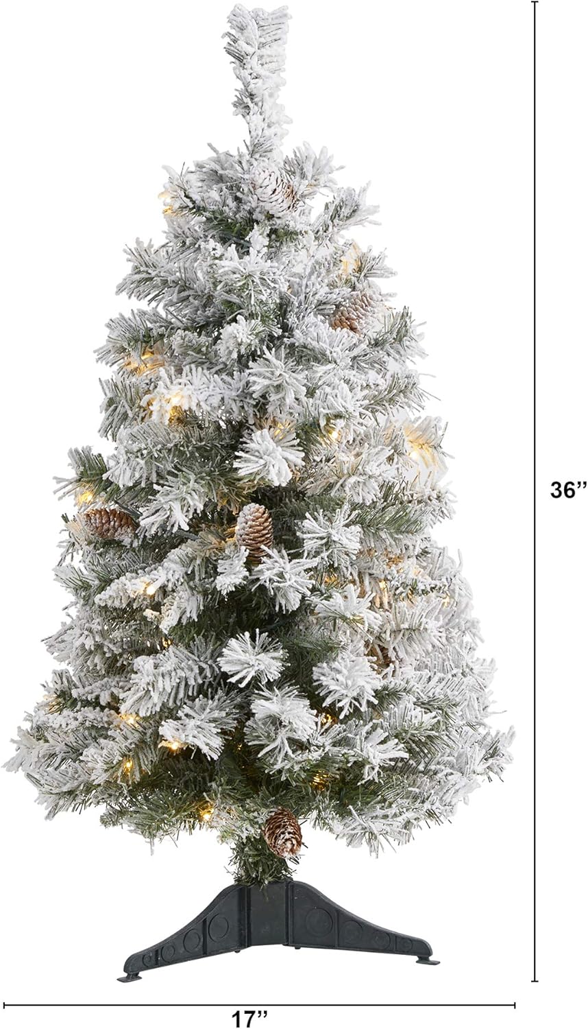 Nearly Natural 3ft. Flocked White River Mountain Pine Artificial Christmas Tree with Pinecones and 50 Clear LED Lights