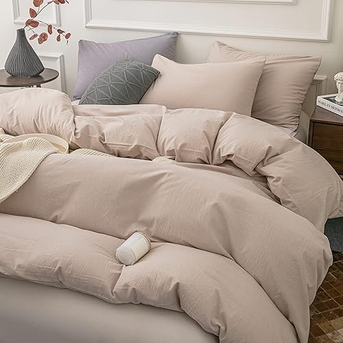Miniatura 3 de Janlive Juego de funda de edredón de algodón lavado, tamaño Queen, ultra suave, 100% algodón, color camello claro, con cierre de cremallera, 3