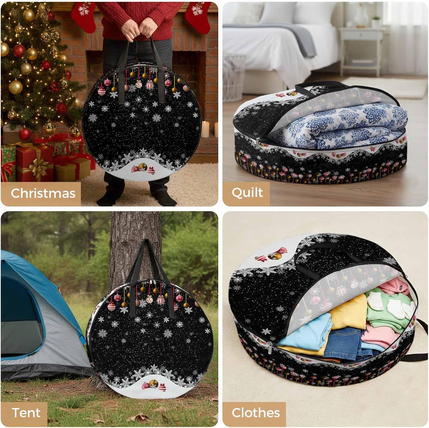 Christmas Snowflakes Round Storage Bag 36 Inch, Xmas Balls Winter Black Background Clothes Storage Container with Handles Heavy Duty Organizer for Comforter, Bedding & Holiday Wreaths