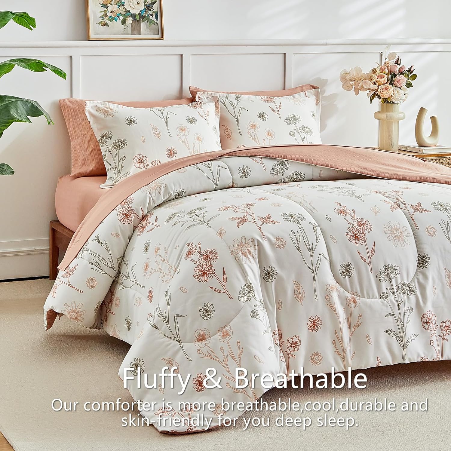 AIKASY Bed in a Bag 7 Pieces - Floral Print - Soft Microfiber, Reversible Bed Comforter Set (1 Comforter, 2 Pillow Shams, 1 Flat Sheet, 1 Fitted Sheet, 2 Pillowcases) (Sea Green, Queen)