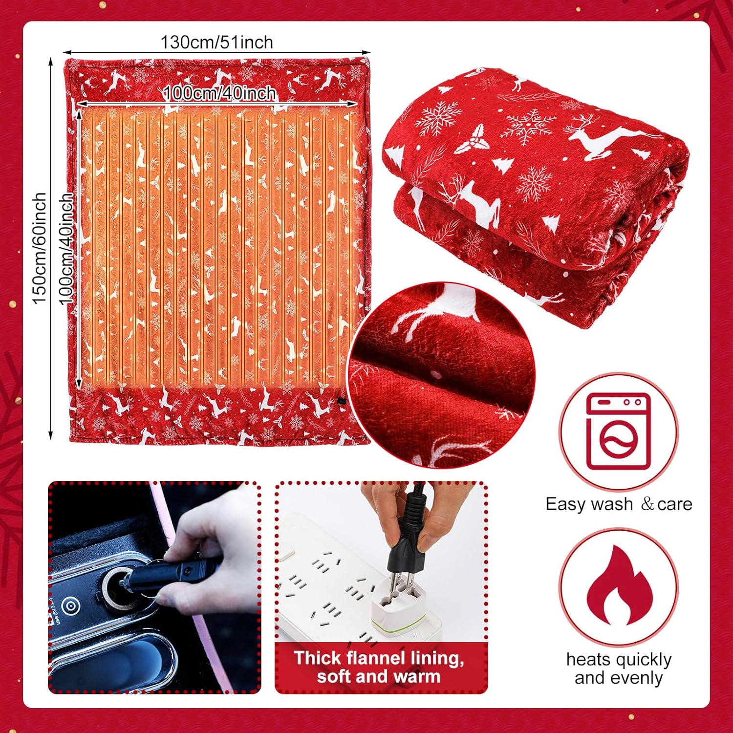 Retisee 12 Volt Heated Car Blanket Heated Electric Christmas Throw Blanket for Car, Truck, SUV, or RV with 3 Heating Levels for Home Camping Portable Indoor Outdoor, 60 x 51 Inch(Red Reindeer)