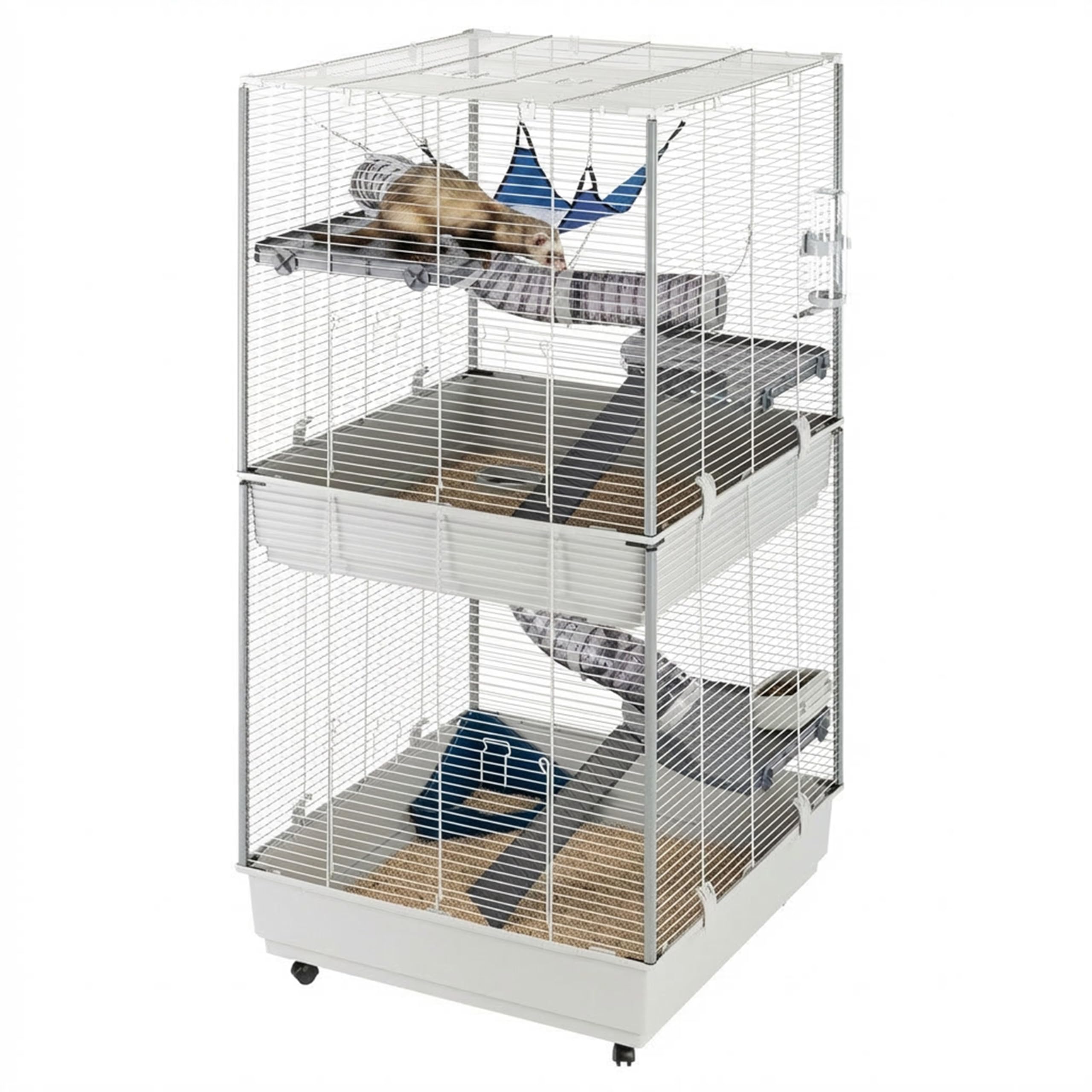 Ferplast Jaula para Hurones FURET Tower, Estructura Vertical en Varios Pisos, Ruedas y Accesorios incluidos, Alambre Pintado Gris y plástico, 75 x 80 x h 161 cm