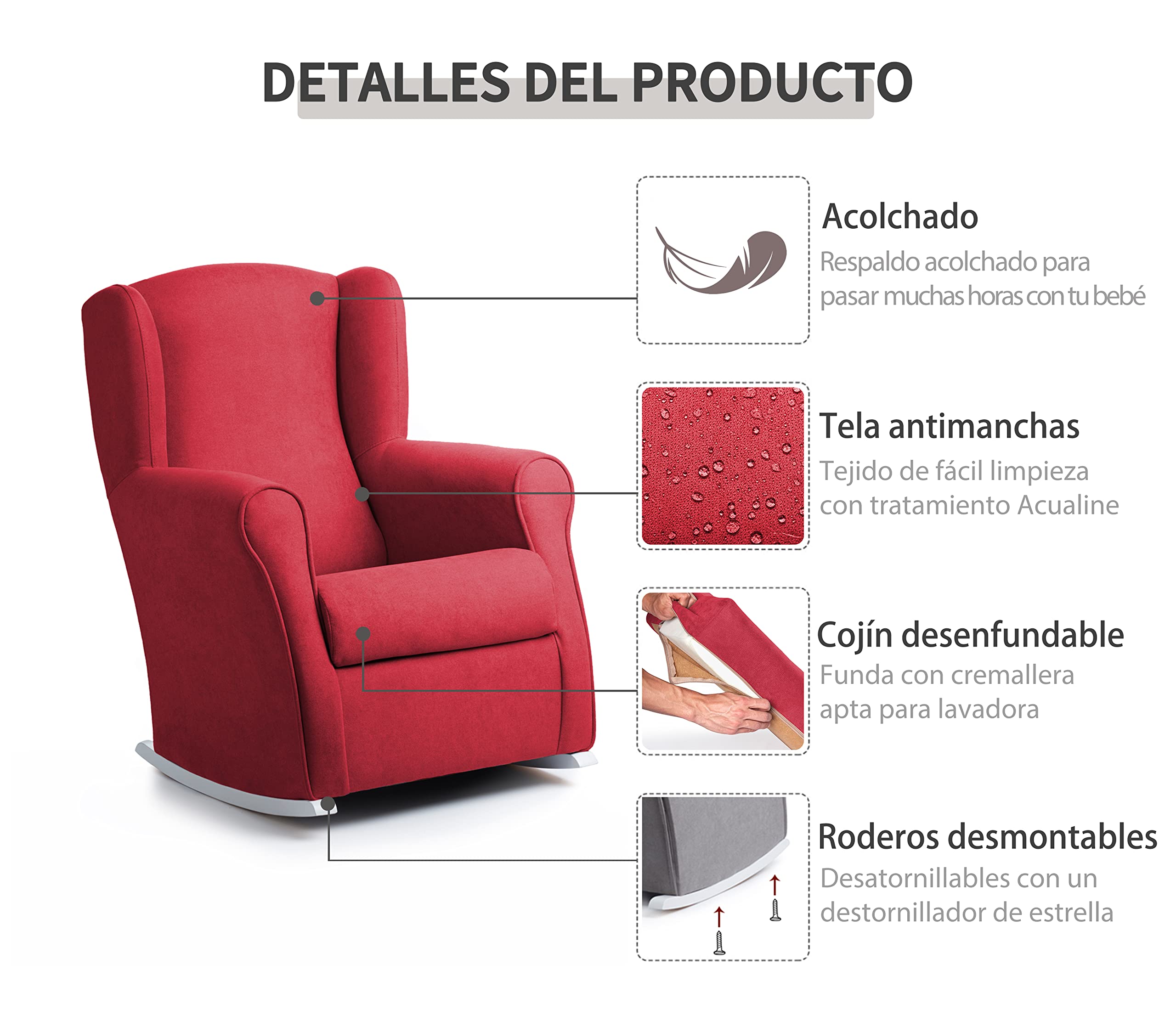 Sillonea - Sillón Lactancia Roma, Usado para amamantar/Dar el Pecho. Butaca balancín para habitación del Bebe. Medida: 100x74x77 cm. Tapizado con Tela Antimanchas. [Gris, Blanco]