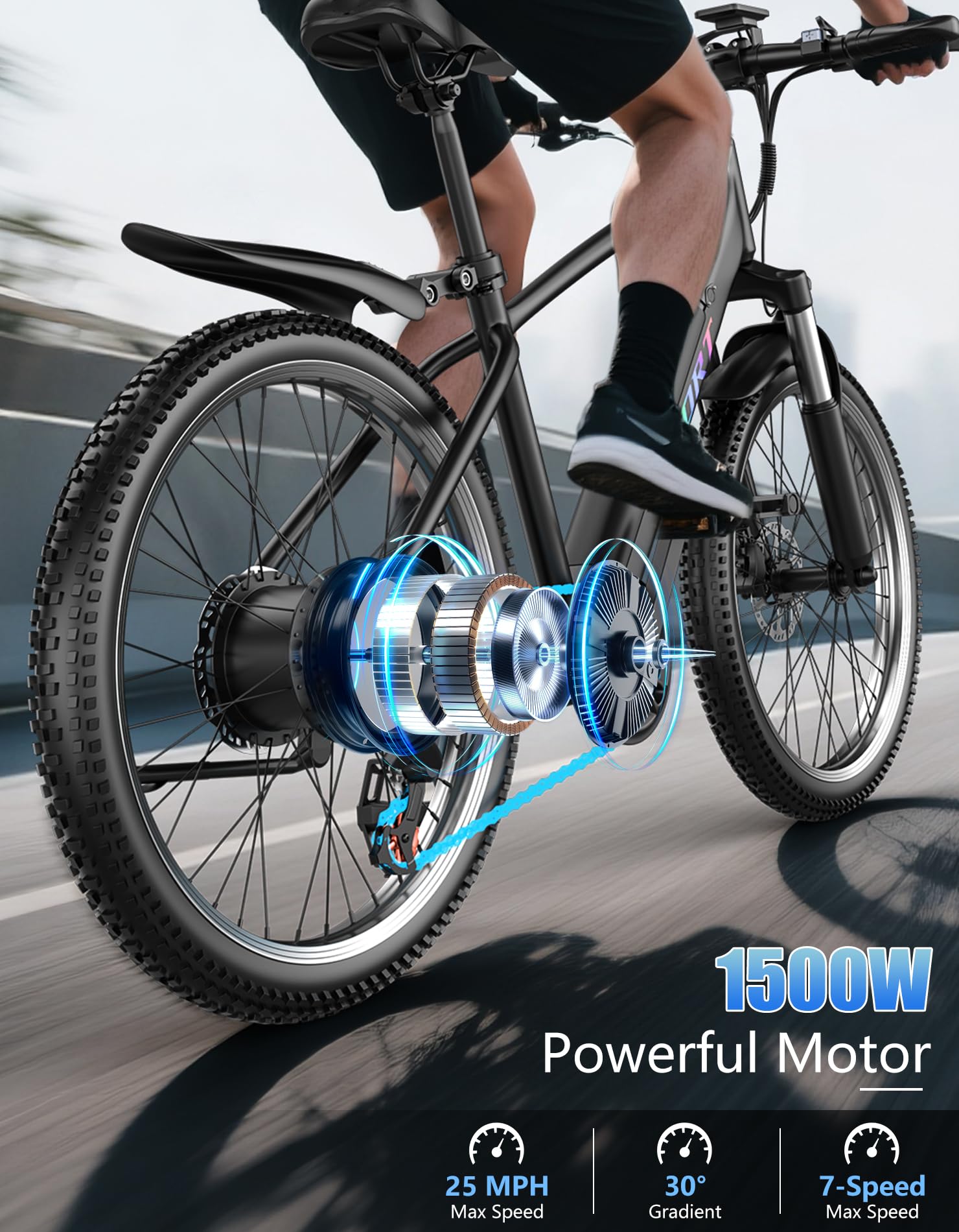 Electric Bike for Adults, 1500W Peak Mountain Ebike with 28 MPH, 65 Miles Range, 7 Speeds, 48V 10Ah Removable Battery 26" Ebike, UL2849 Certified