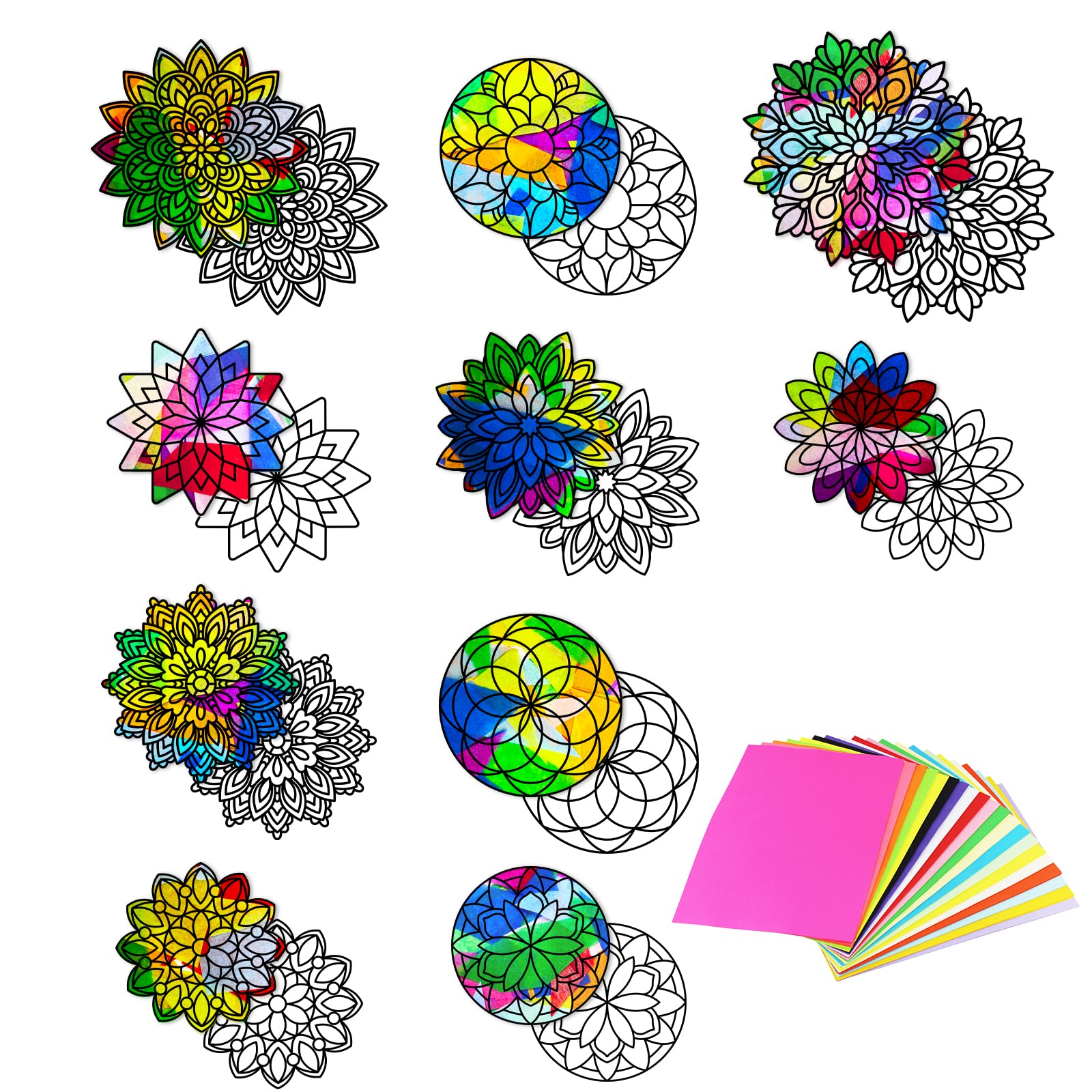 ORIGACH20 Pieces Mandala Suncatcher Kit, 10 Types Mandala Coloured Glass Effect Paper with 32 Pieces Colored Tissue Paper for Kid Art Craft Window Art Classroom Art Craft