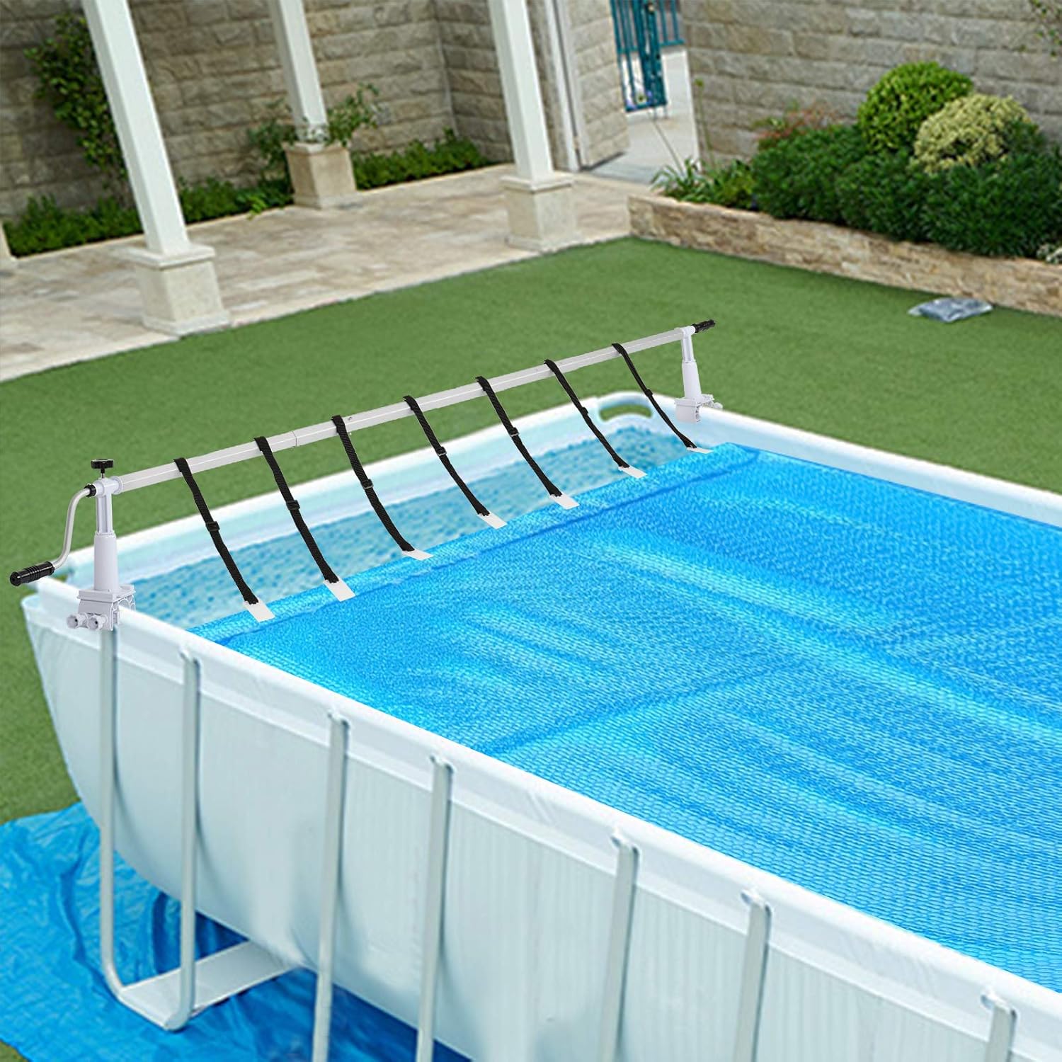 VINGLI Pool Cover Reel installed on an above-ground pool