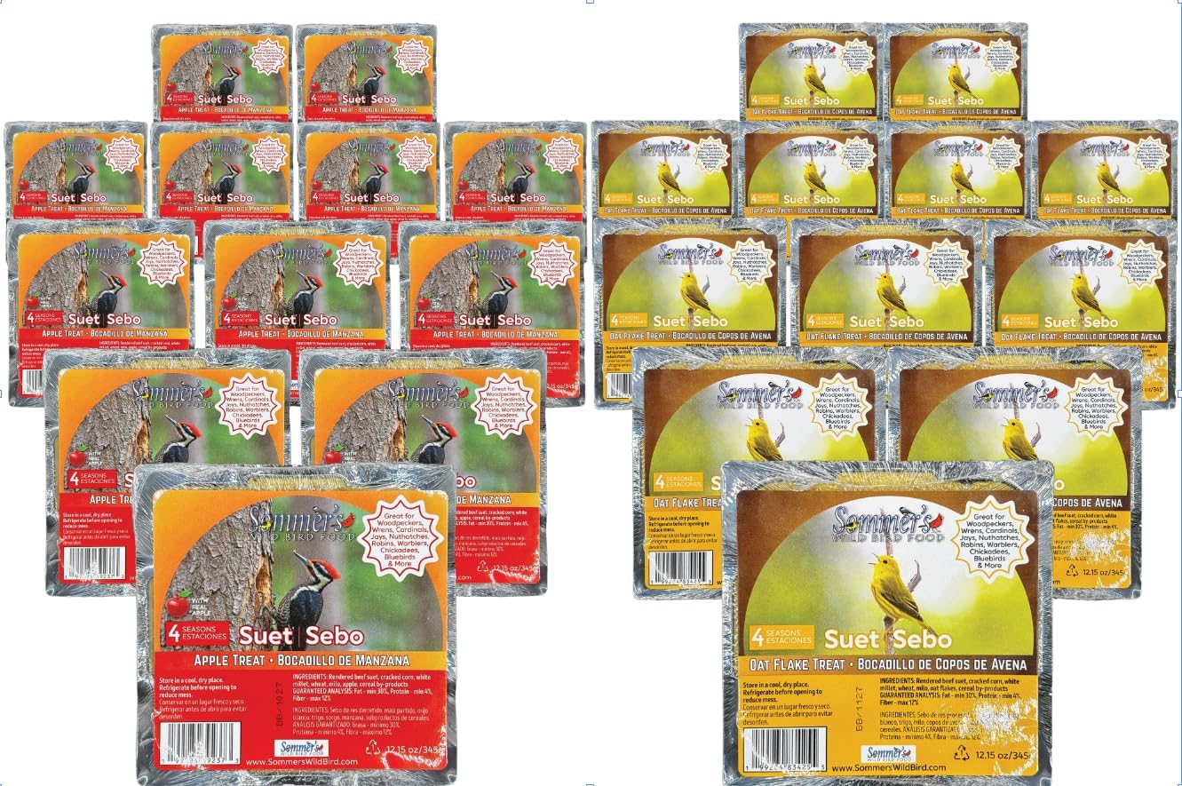 Apple & Oat Wild Bird Suet Cakes Variety Pack – 24 Pack (12 Apple & 12 Oat), 12.15 oz Each, No-Melt Formula Backyard Songbird Medley Suet