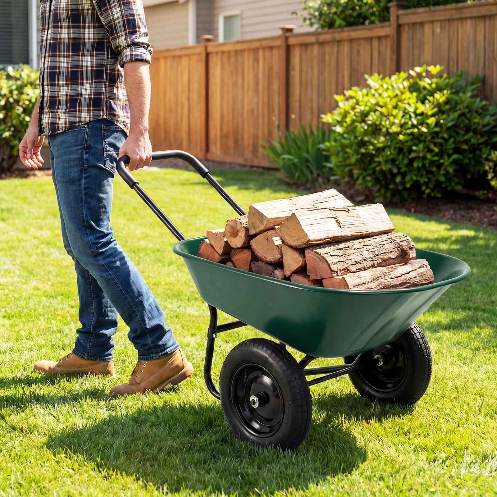 TANTASK - Carriola da giardino a 2 ruote, 78 l, con funzione di ribaltamento, telaio in metallo, portata 100 kg, carriola da giardino, carrello da trasporto per giardino e cortile (verde)