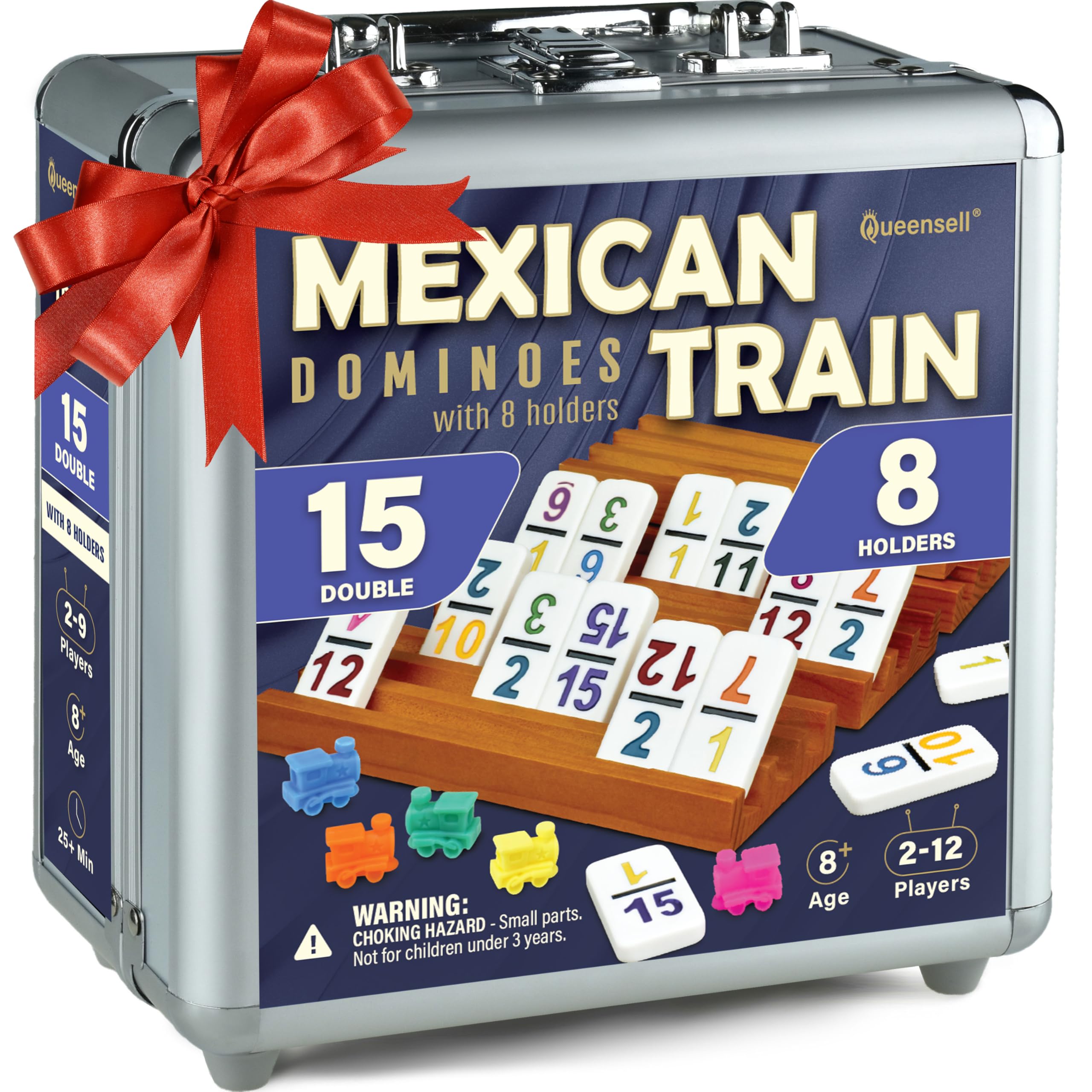 Queensell Set domino a forma di treno messicano, doppio 15 numerato, con 8 supporti