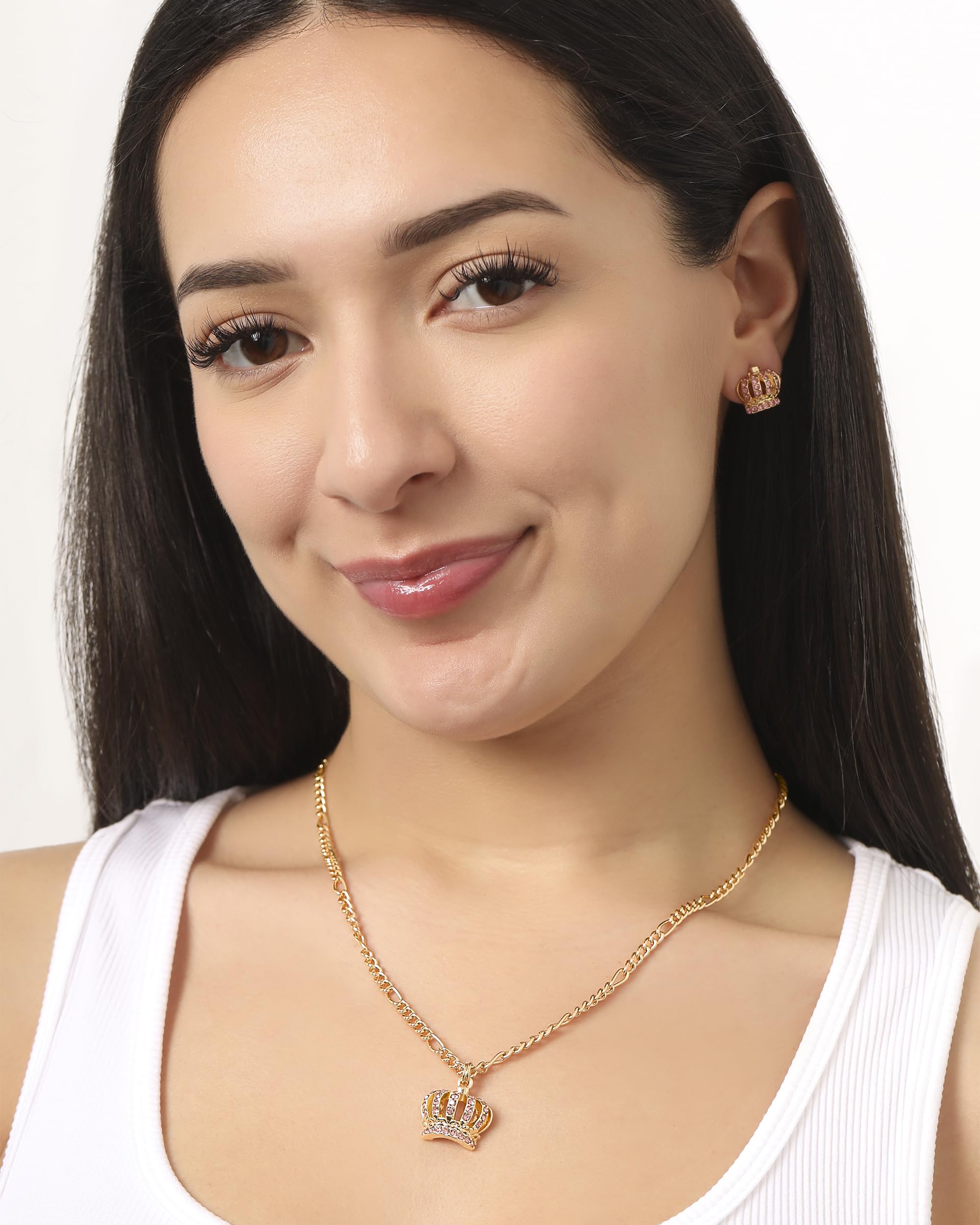Juicy Couture Necklace and Crown Stud Earrings for Women with Pink Crystals, Gold Tone Jewelry Set