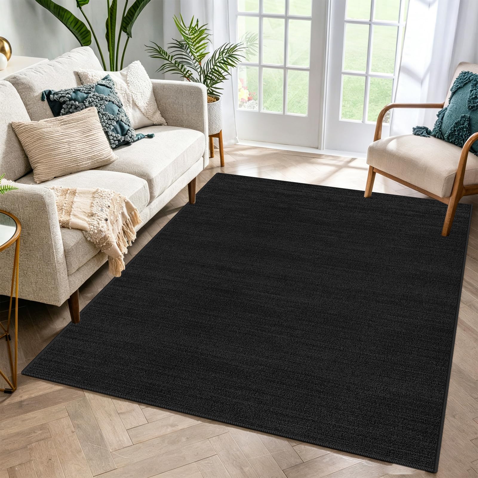 Slish - Alfombra negra de 160 x 200 cm, antideslizante, para dormitorio y sala de estar, versátil para comedor, salón y mesita de noche
