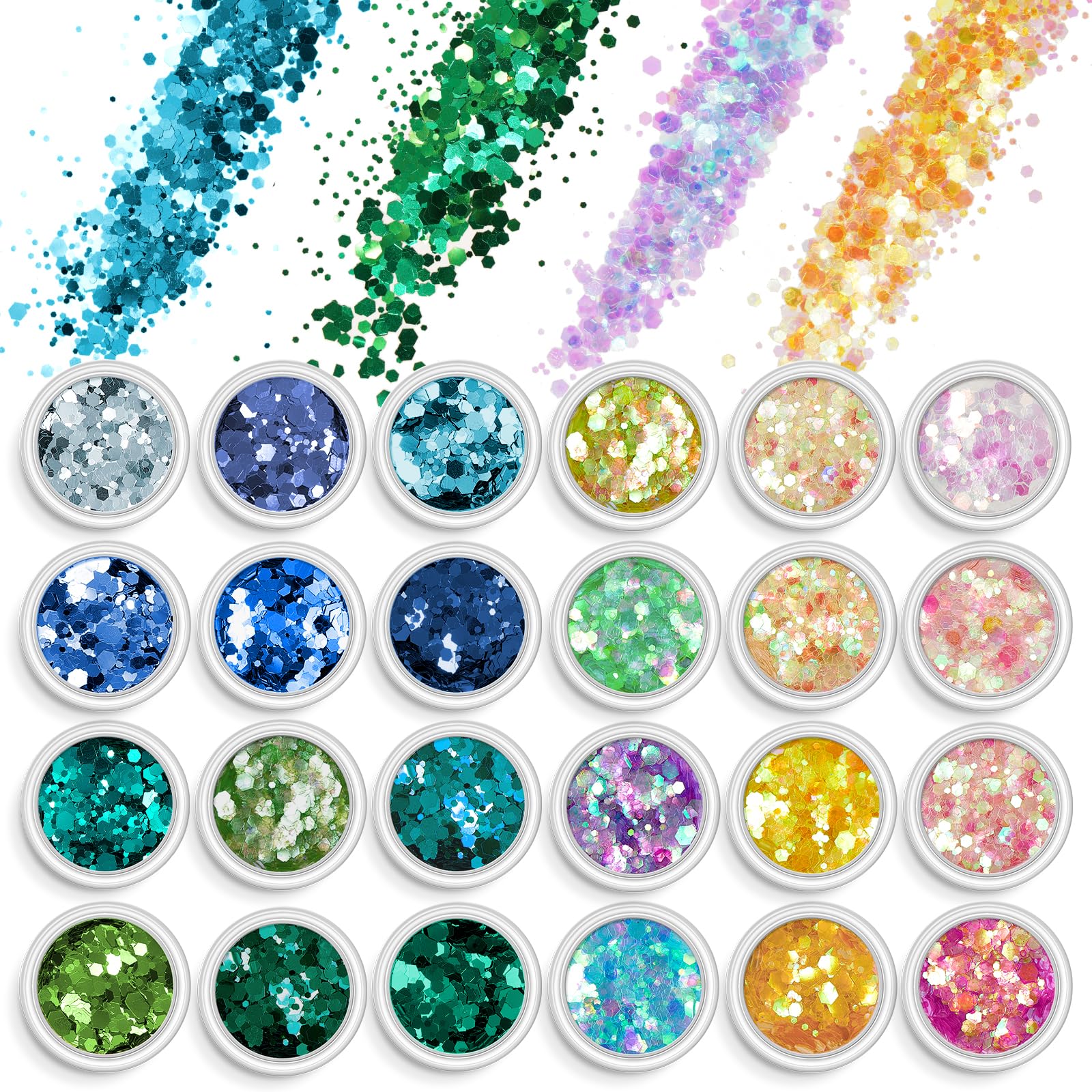 AOOWU Paillettes Unghie, 24 Colori Glitter Unghie Paillettes Polvere Kit Polvere Glitterata, Brillantini Unghie Olografico Porporina Polver Decorazioni Nail per DIY Viso Corpo Occhi(06#09#)